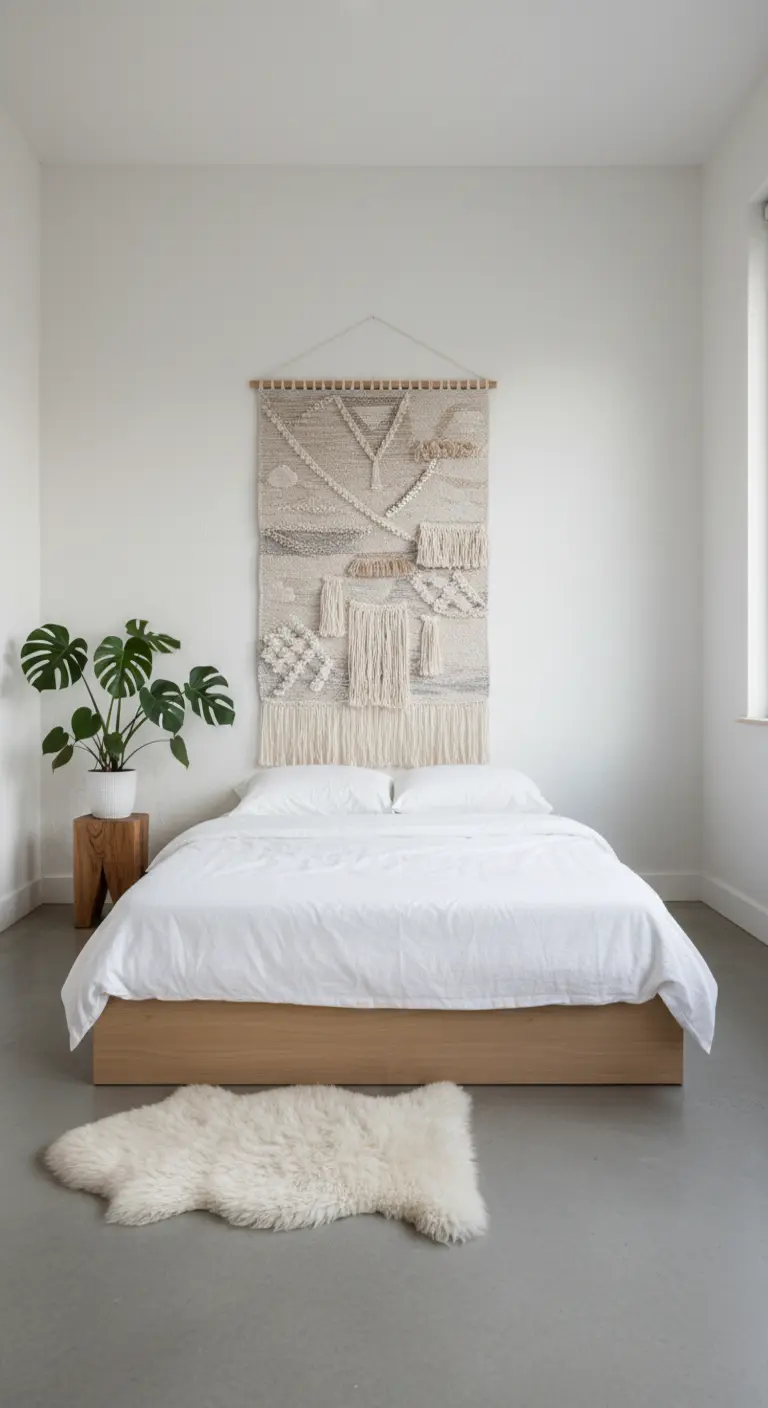 Camera da letto minimalista con arazzo in tessuto grezzo e tappeto in pelliccia.
