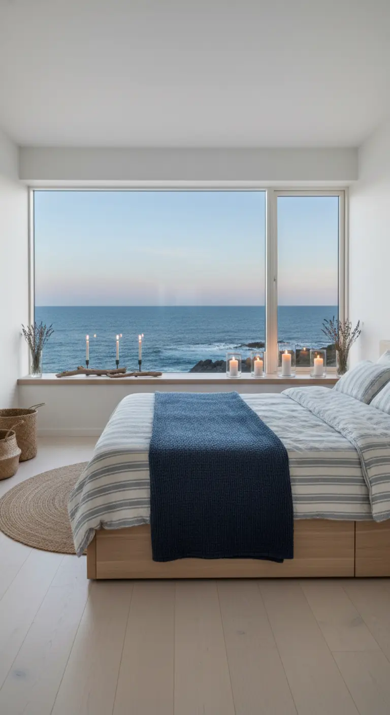 Camera da letto minimalista con una grande finestra panoramica sul mare e candele sul davanzale.