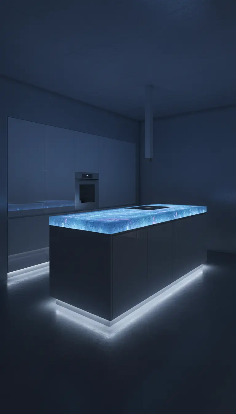 Isola cucina con piano di lavoro in resina retroilluminato con una luce blu e viola.