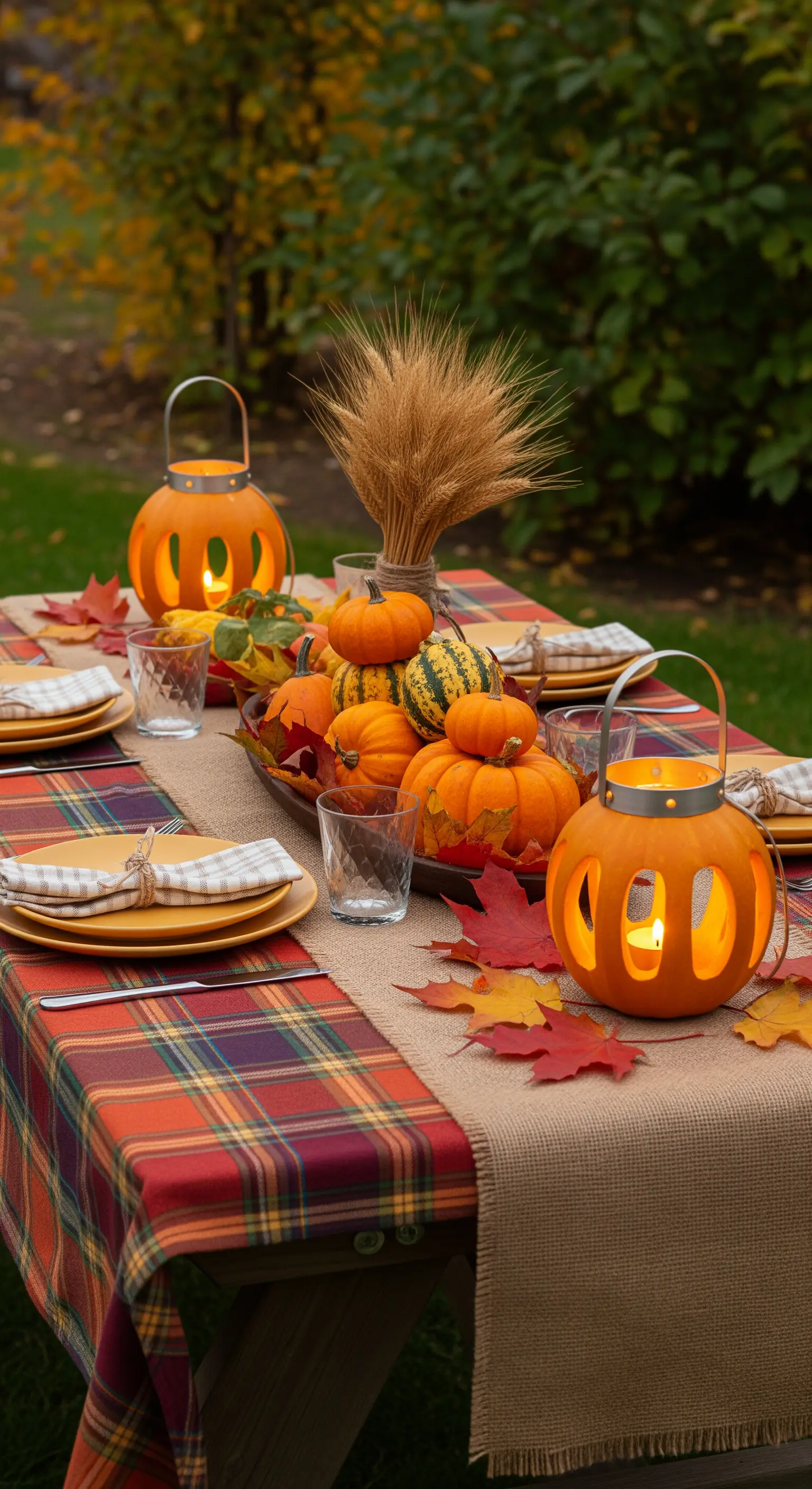 Tavola autunnale con tovaglia scozzese, zucche decorative e lanterne.
