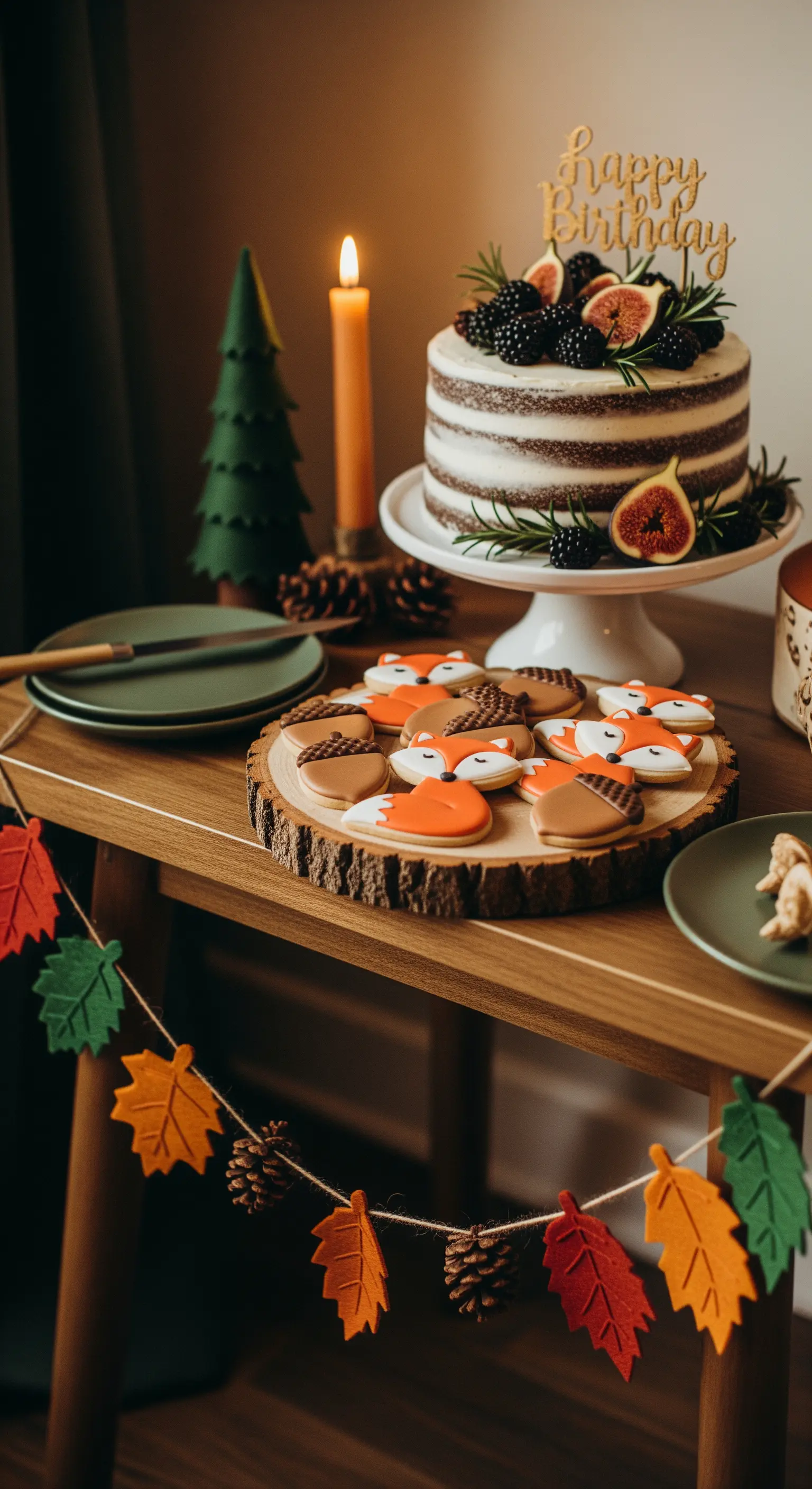 Tavolo a tema bosco con torta, biscotti a forma di volpe e ghirlanda di foglie.