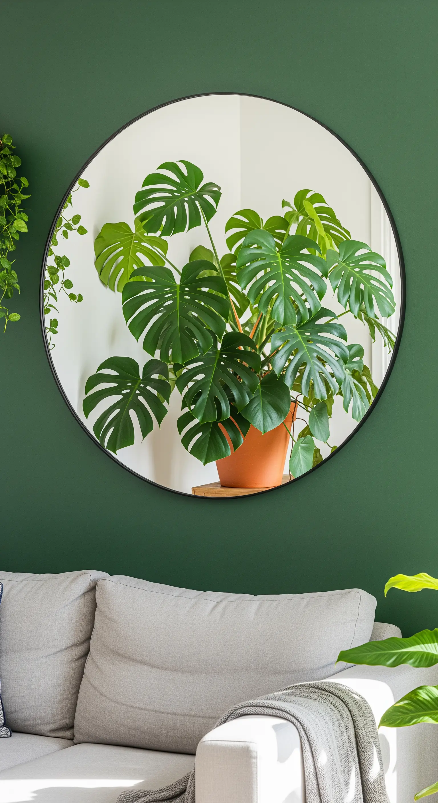 Grande specchio rotondo con cornice nera su una parete verde scuro, che riflette una pianta di Monstera.
