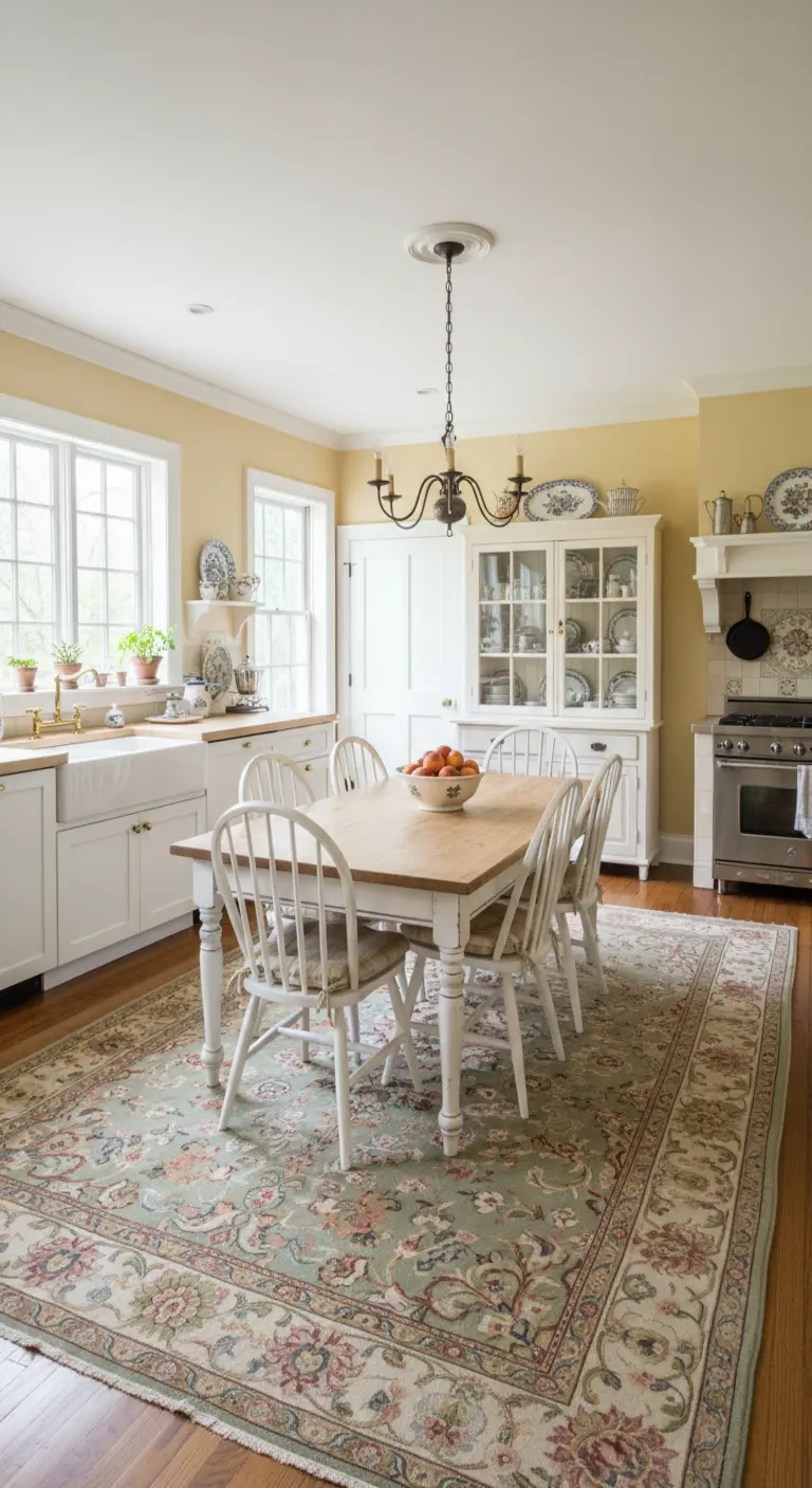 Cucina country con mobili bianchi, credenza a vista e tappeto persiano floreale.