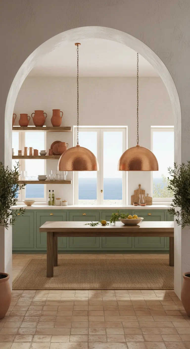 Cucina mediterranea vista attraverso un arco, con due grandi lampade a cupola in rame.