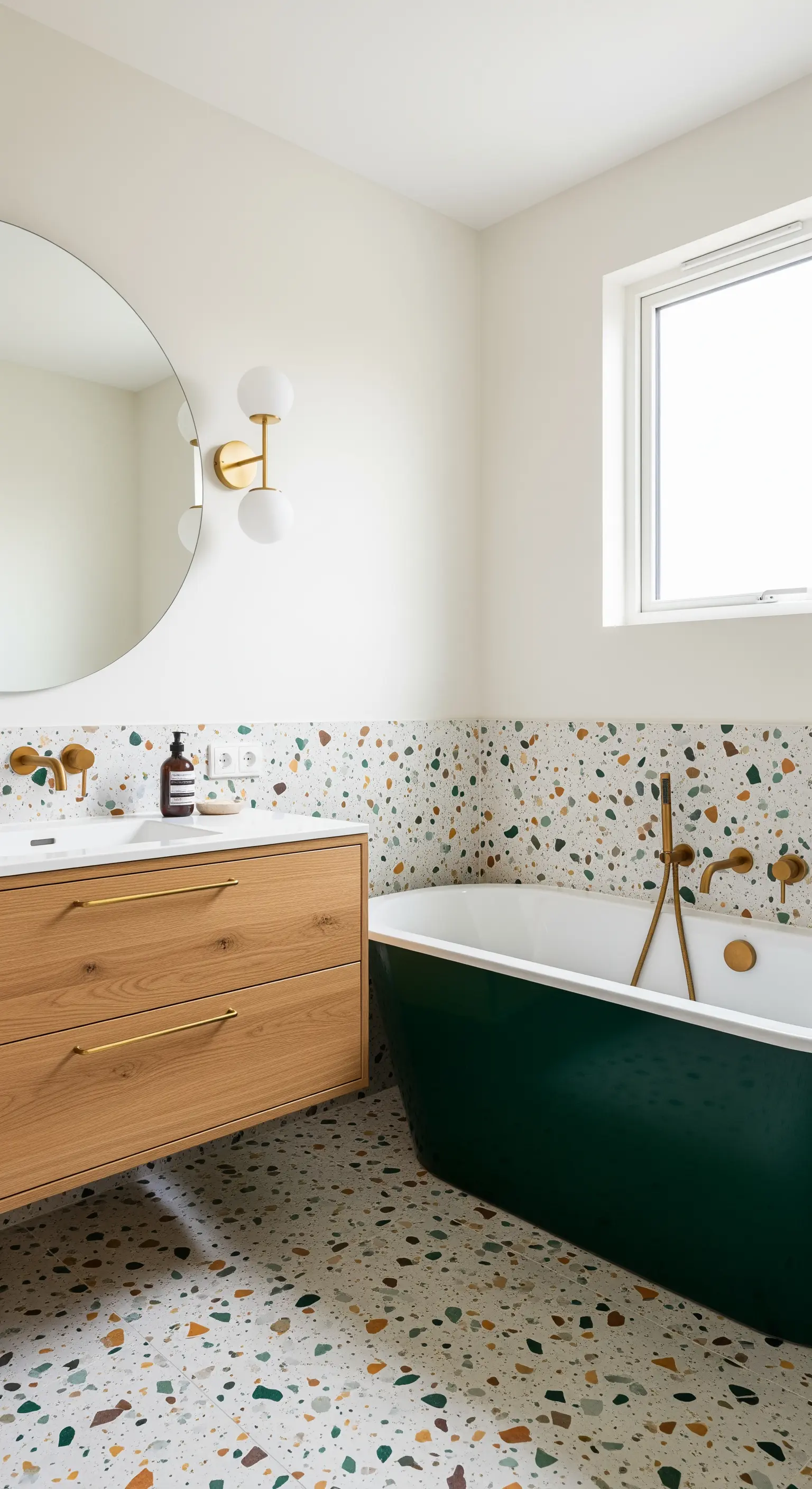Bagno con pavimento e parete in terrazzo colorato e vasca verde scuro.