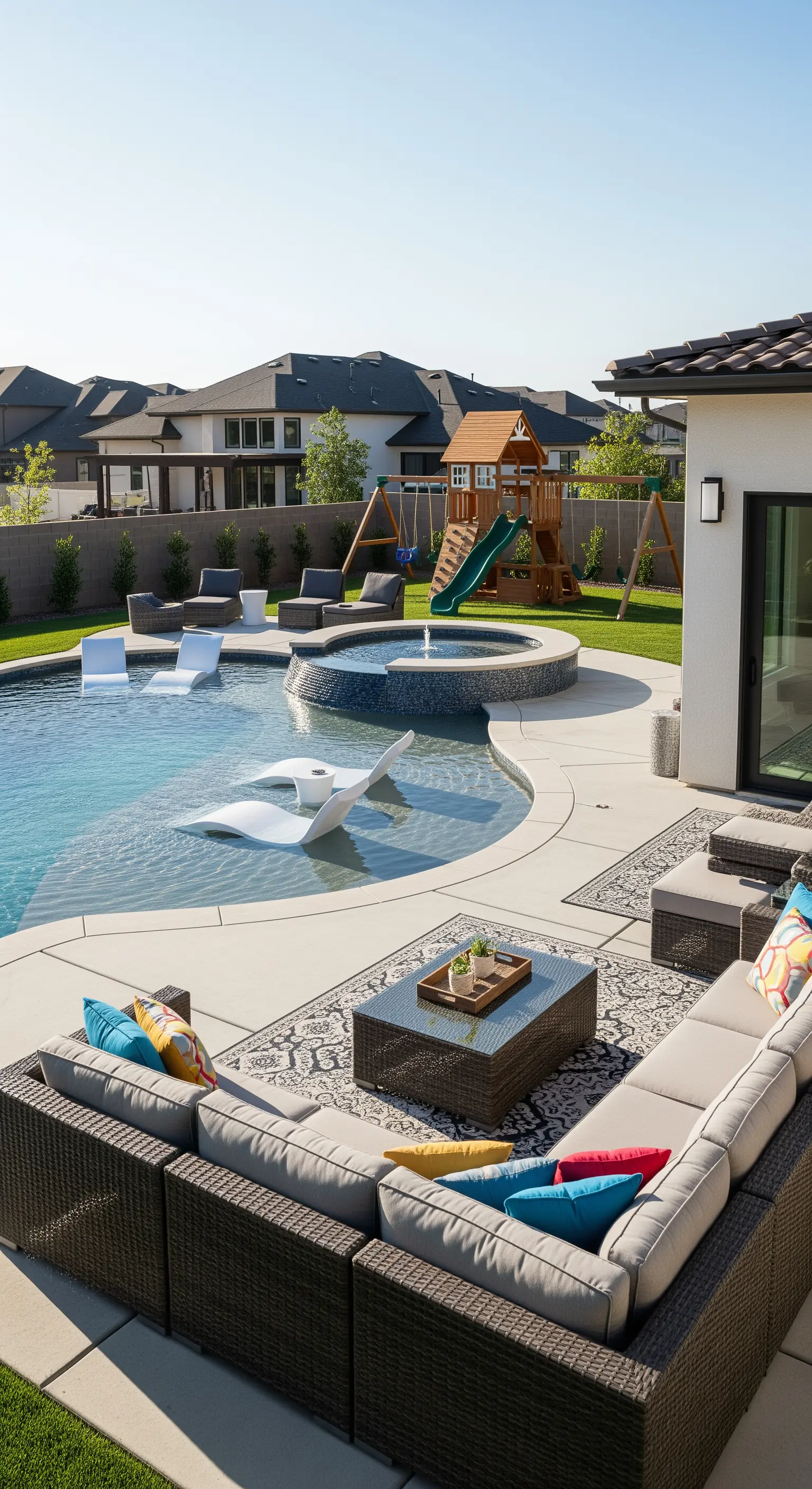 Giardino familiare con piscina, area giochi per bambini e un grande divano angolare.