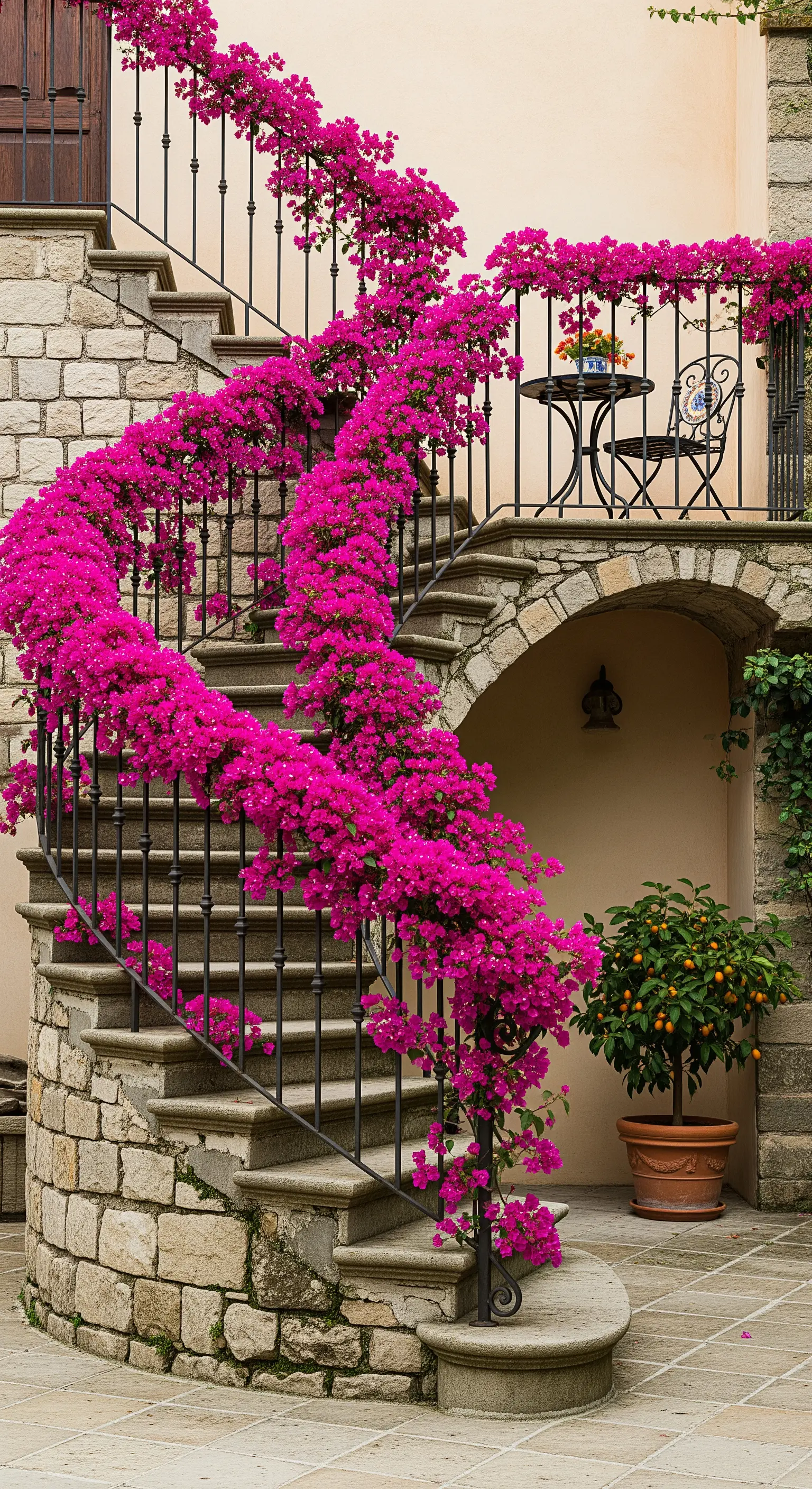 Scala a chiocciola in pietra con una cascata di bouganville fucsia lungo la ringhiera.