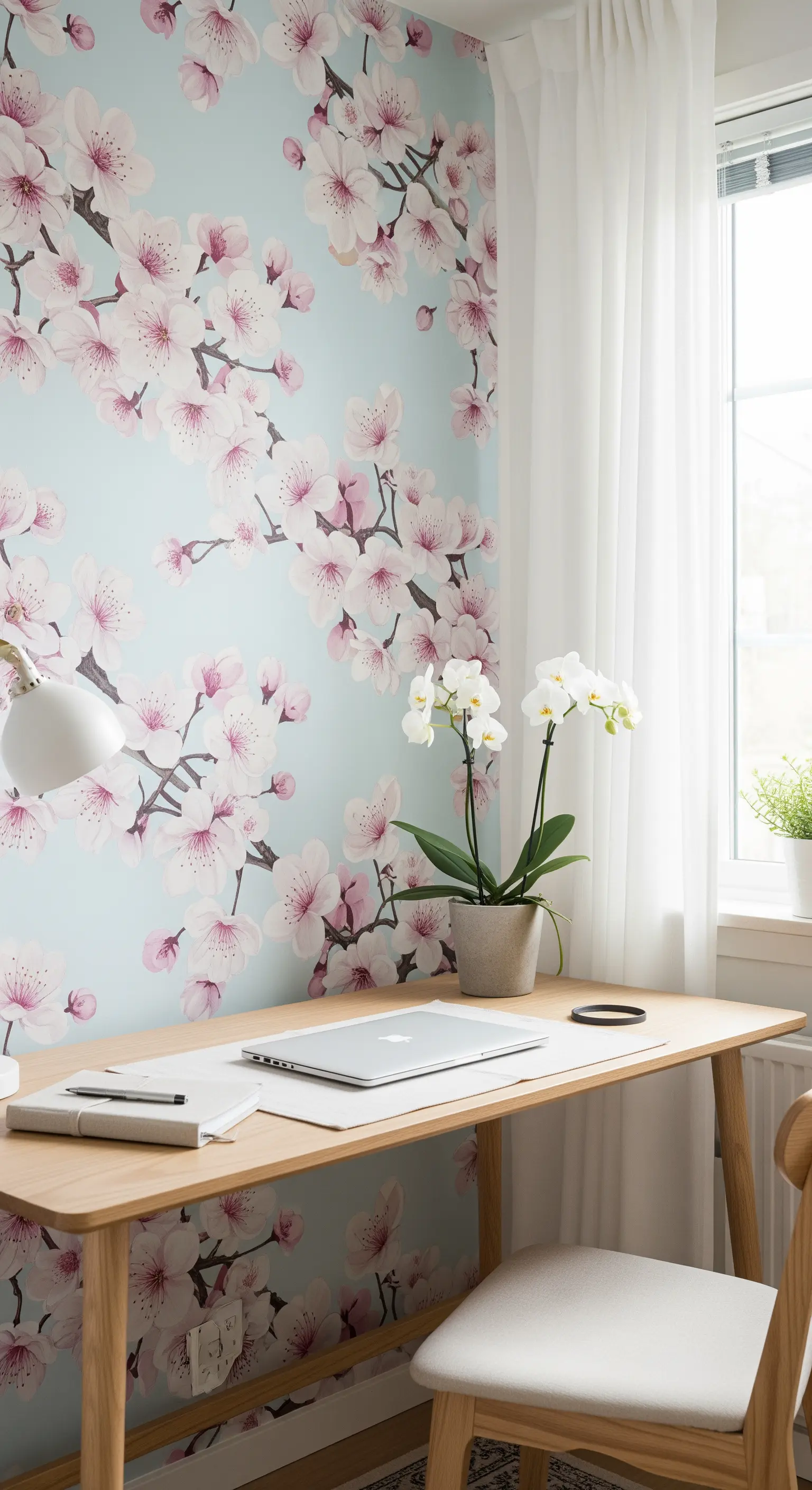 Scrivania in legno chiaro e sedia bianca con carta da parati a fiori di ciliegio.
