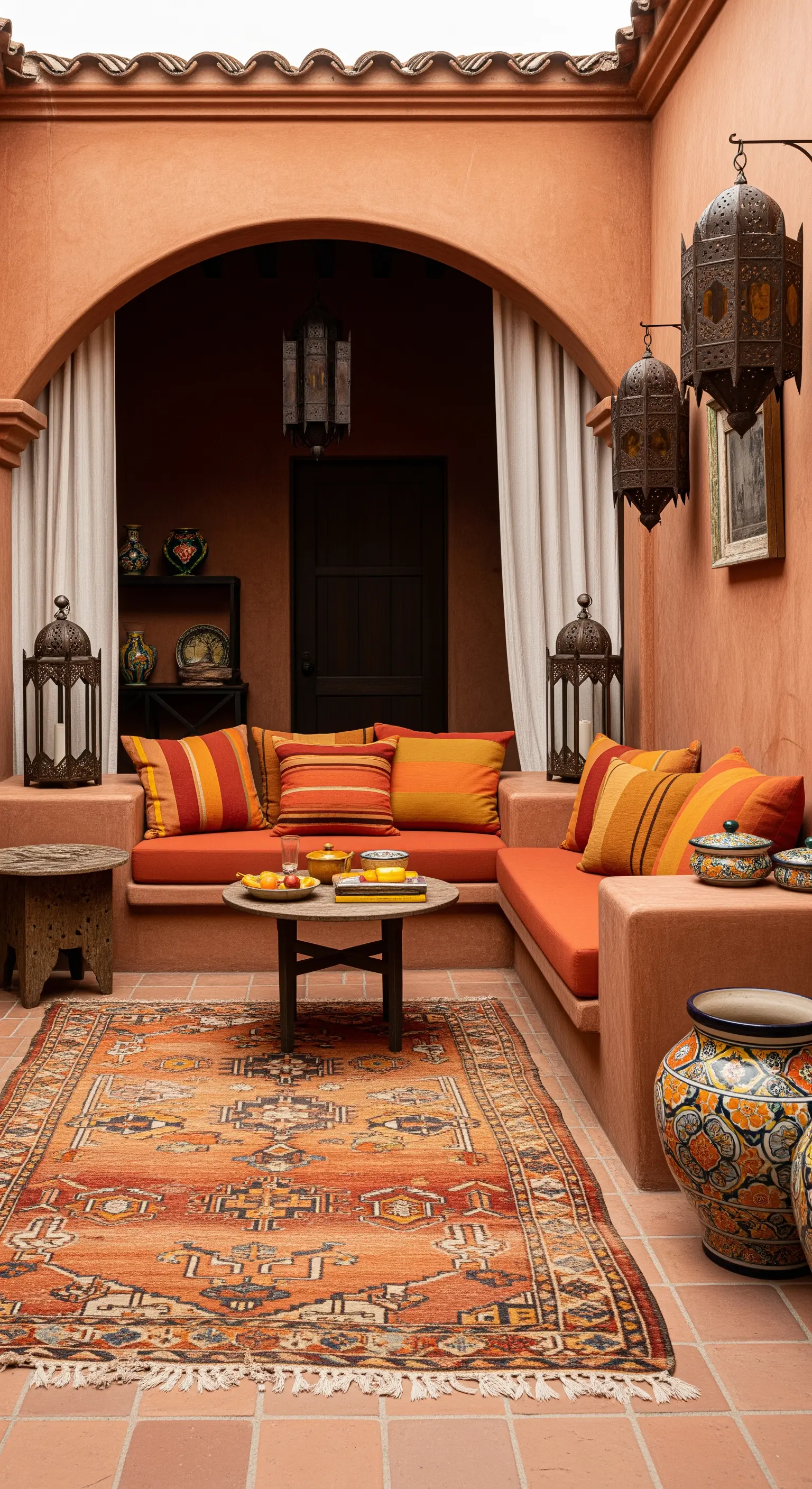 Cortile marocchino con pareti color terracotta, sedute in muratura e cuscini arancioni.