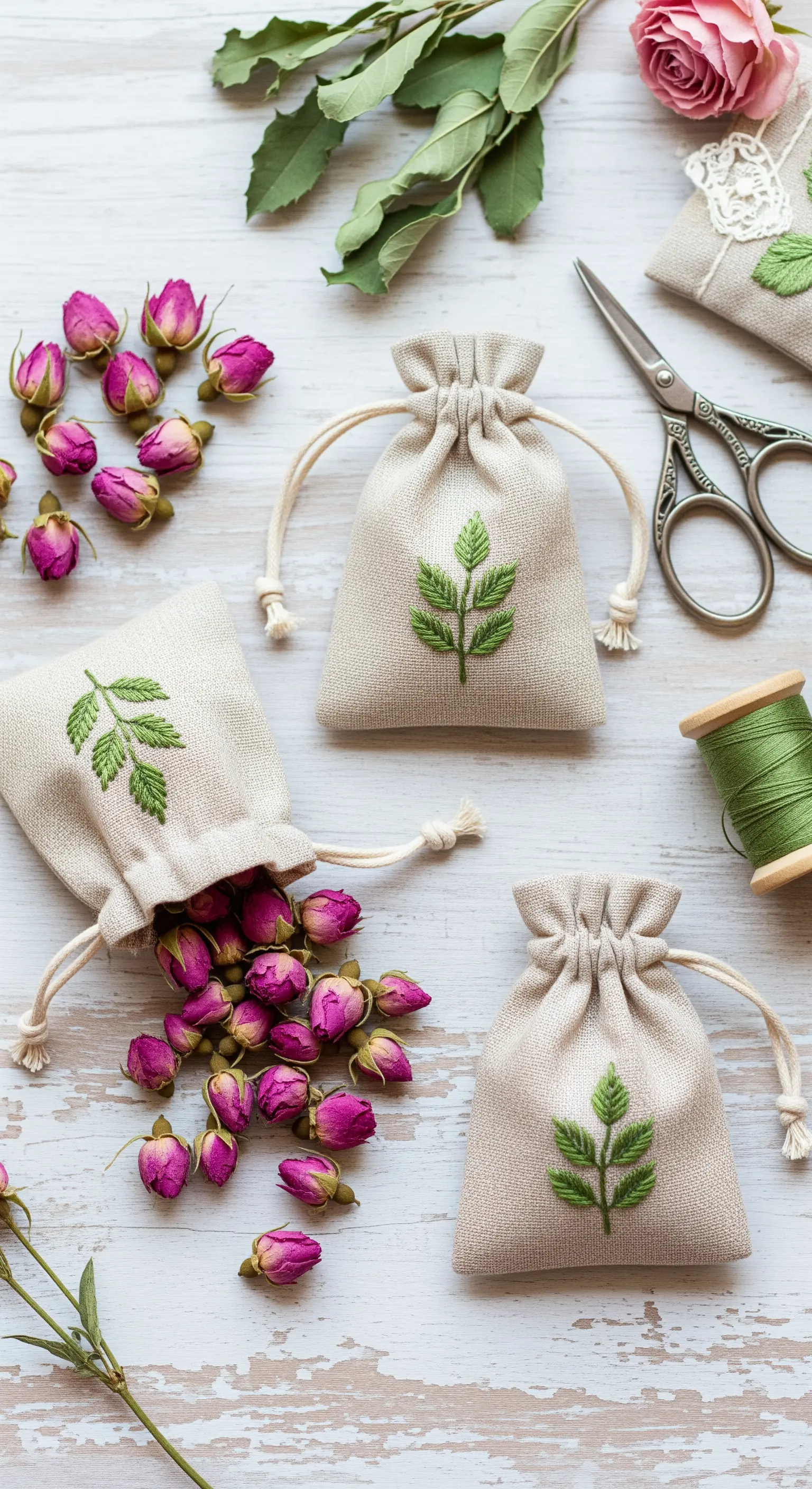 Sacchetti di lino con ricami a forma di foglia, riempiti con boccioli di rosa essiccati.