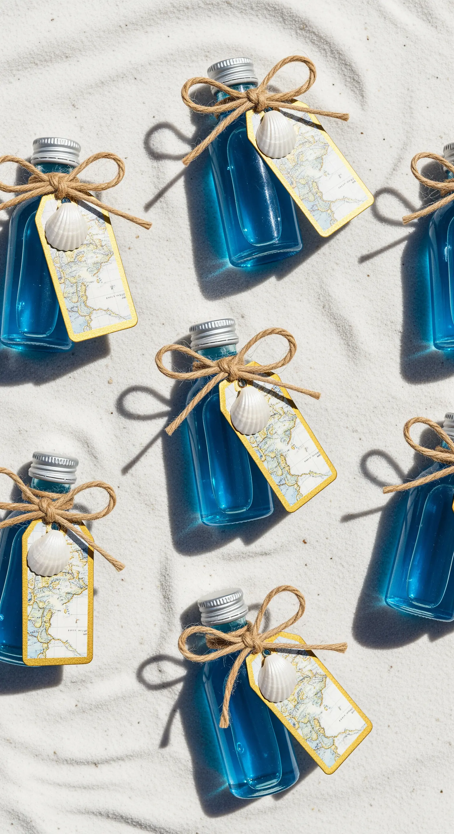 Bomboniere a tema mare con liquore blu, spago, etichetta a forma di mappa e una piccola conchiglia.