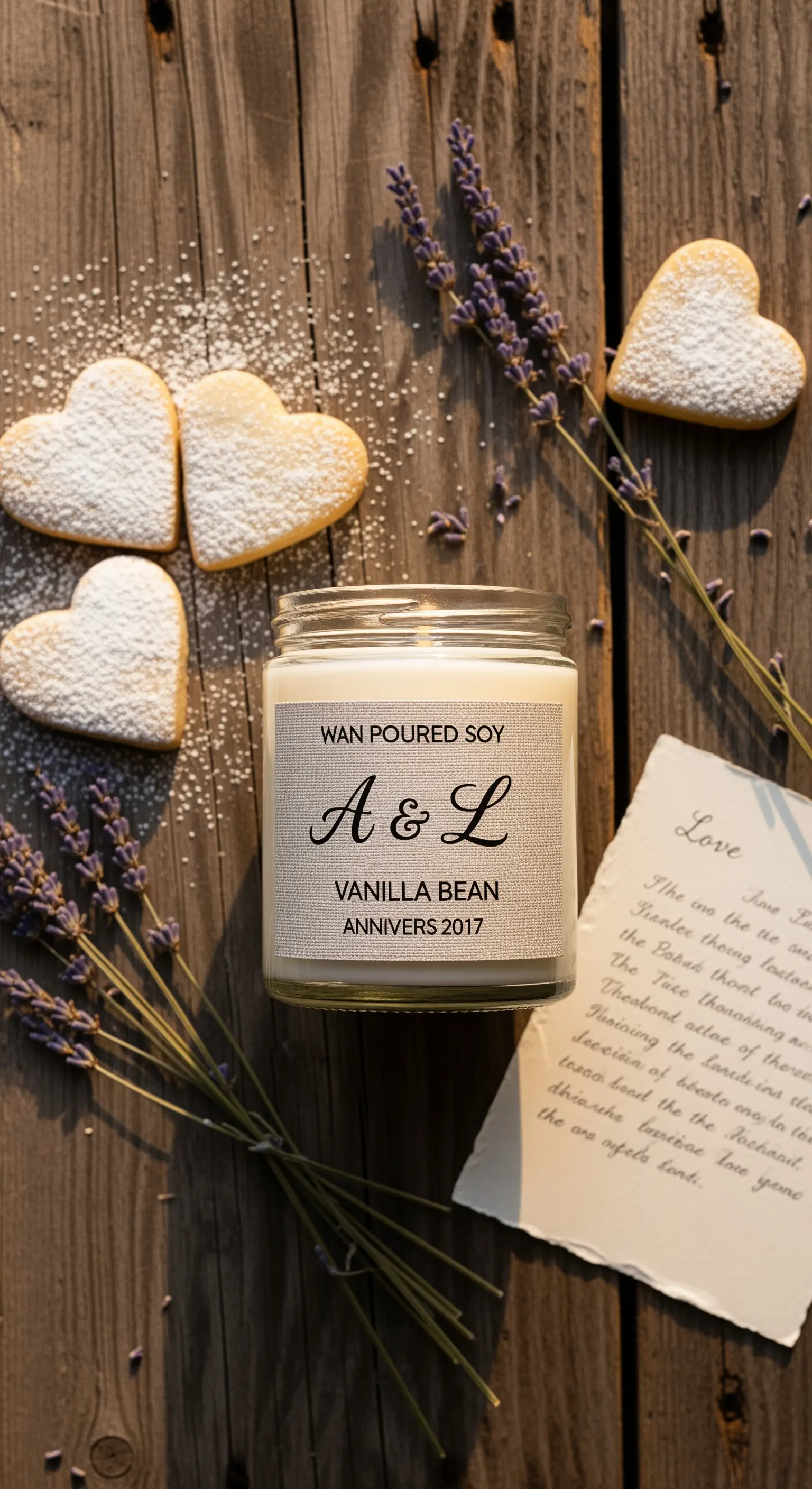 Candela personalizzata per anniversario con biscotti a cuore e lavanda su un tavolo di legno.