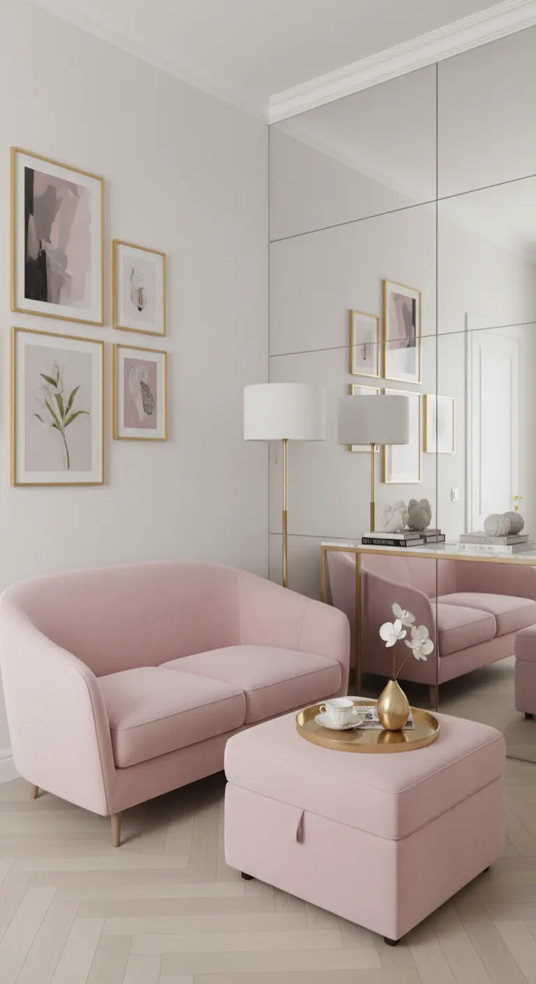 Parete a specchio in un soggiorno con divano rosa, pouf contenitore e lampada dorata.