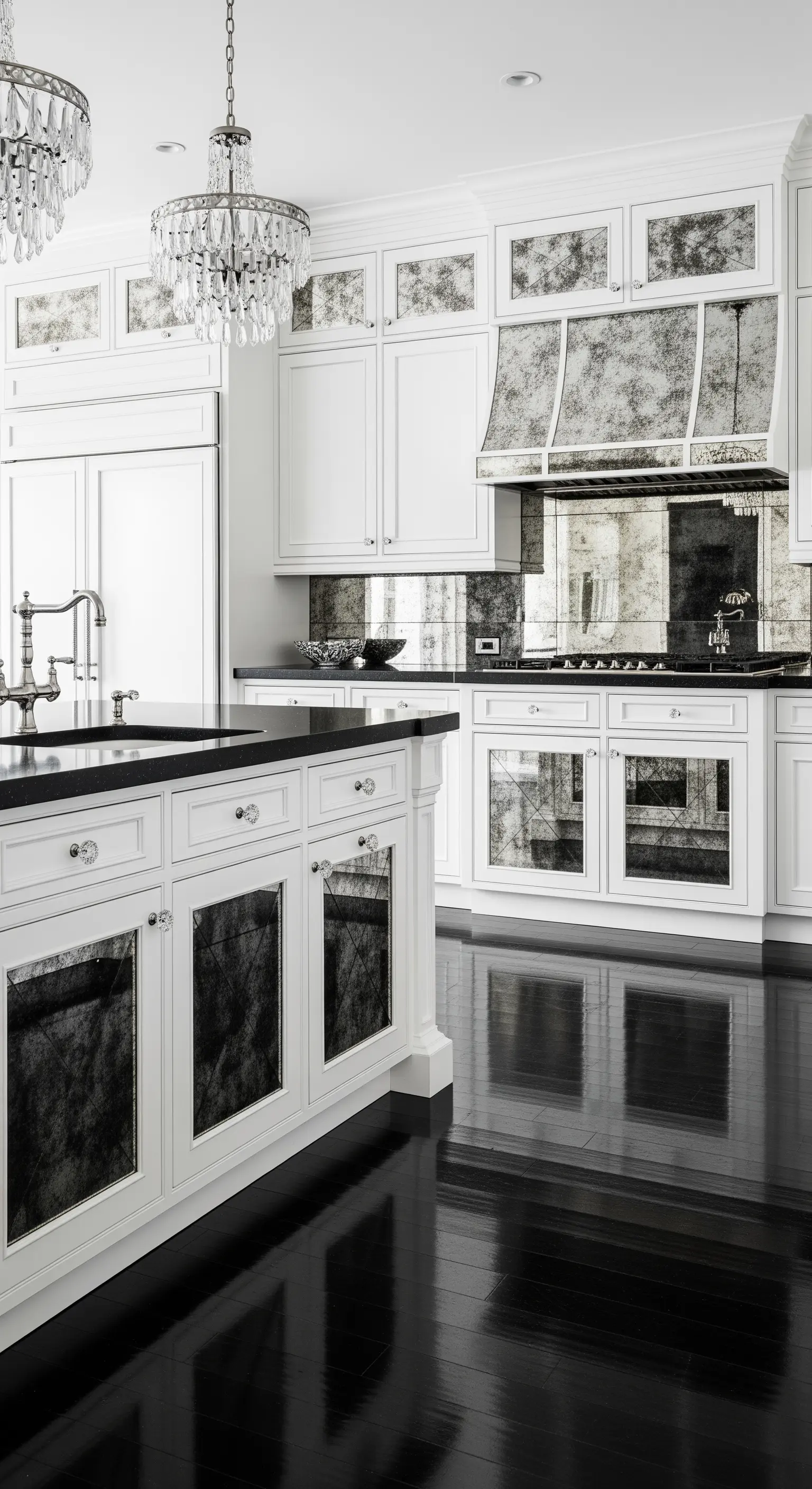 Cucina glamour con ante a specchio anticato, parquet nero lucido e lampadari di cristallo.