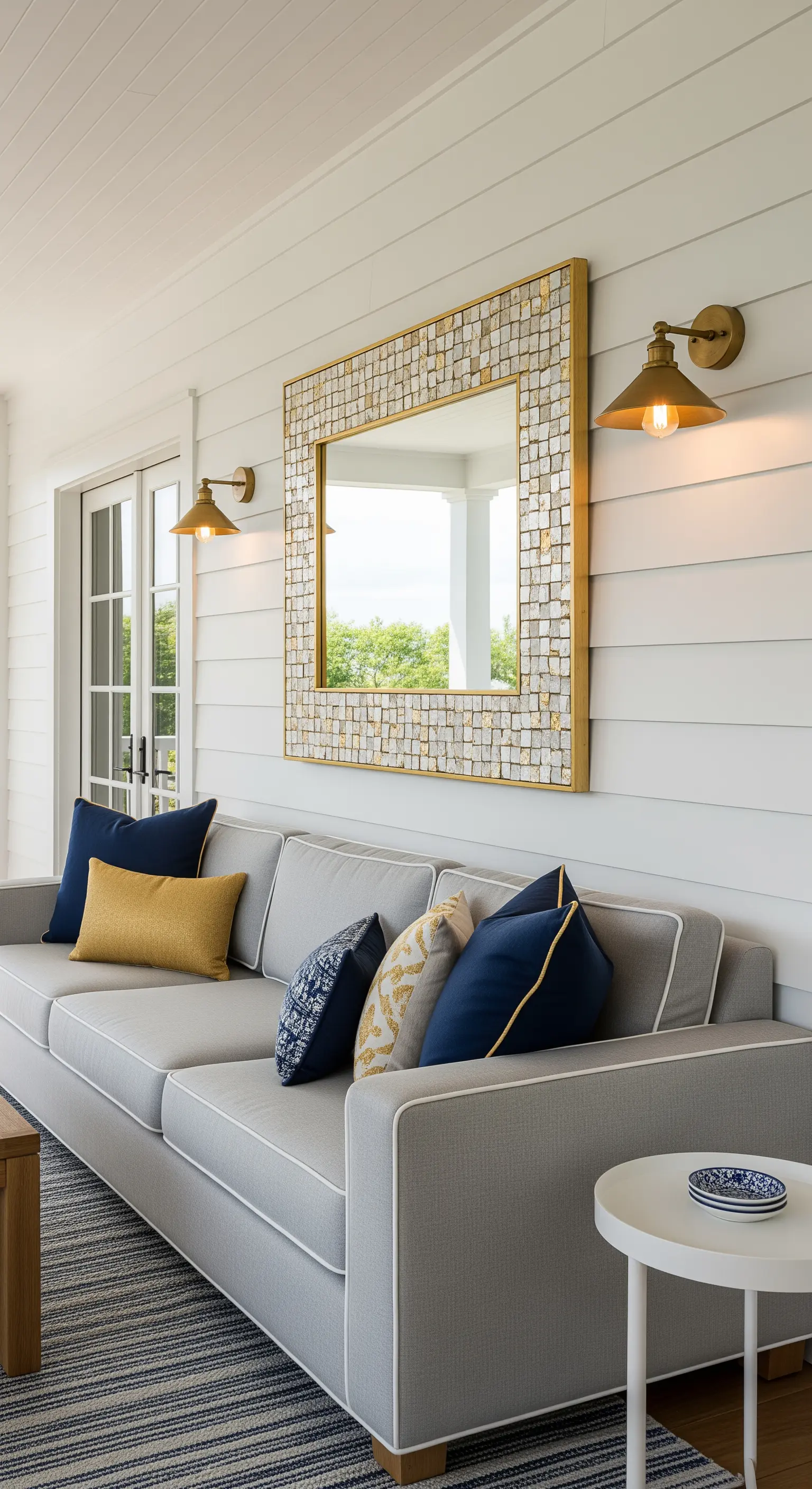 Veranda in stile coastal con divano grigio e specchio con cornice in madreperla.