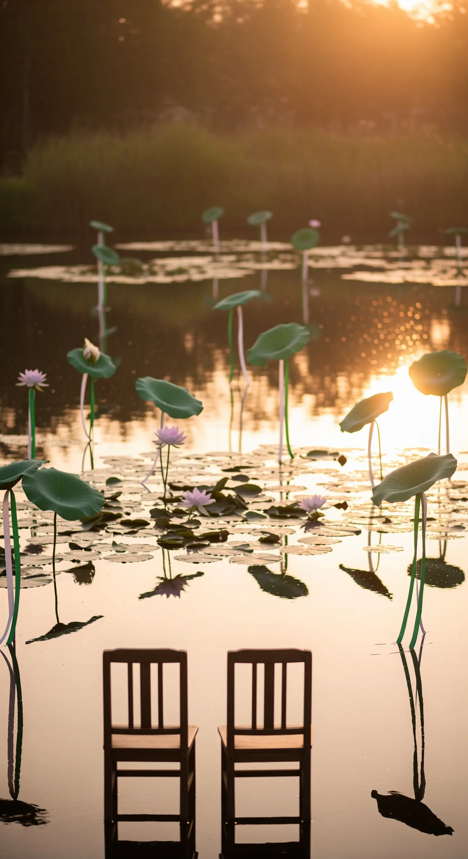 Due sedie di legno semplici posizionate in uno stagno di fiori di loto al tramonto.