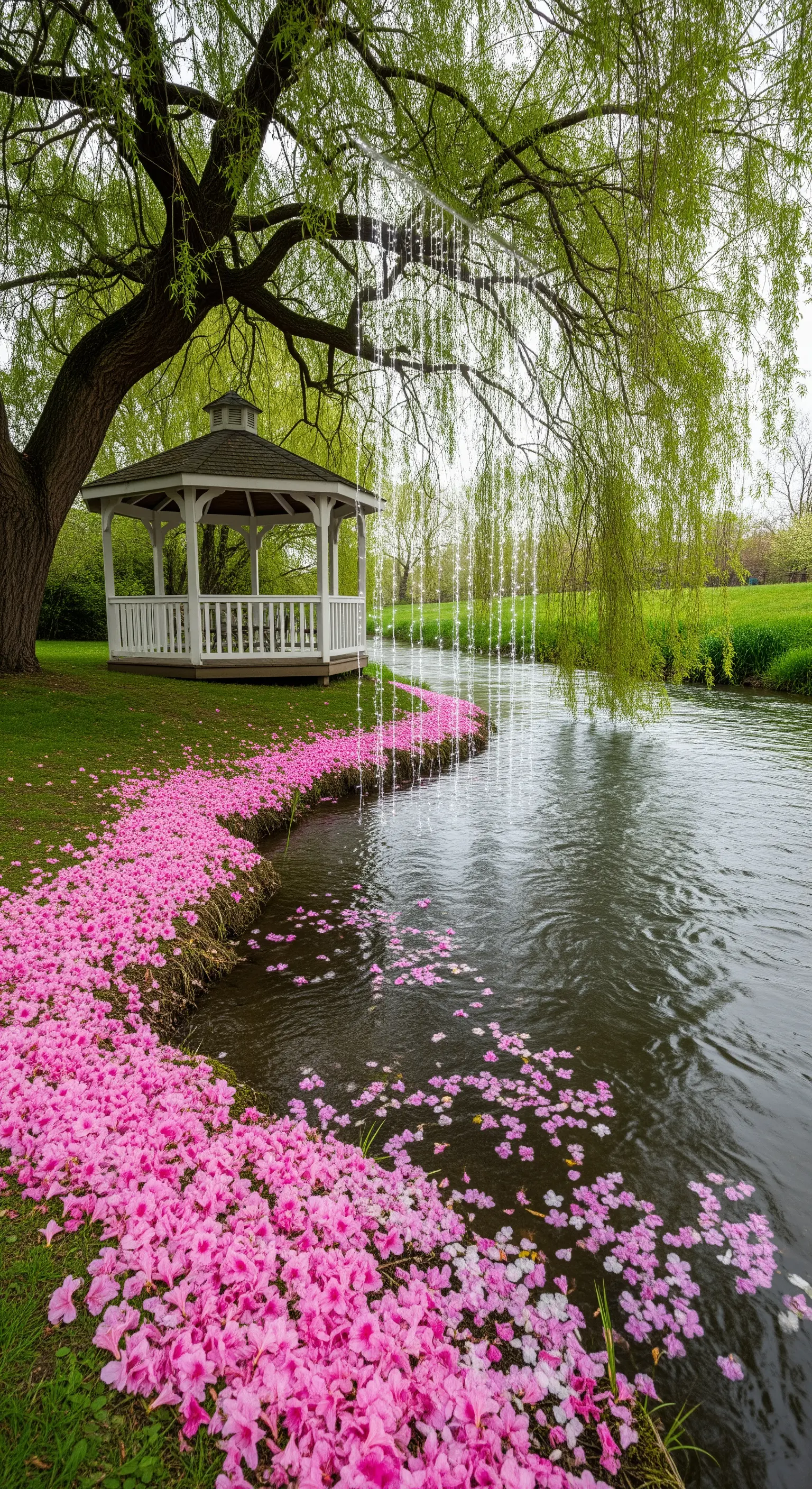 Gazebo bianco vicino a un fiume, con salice piangente, luci a cascata e petali rosa.