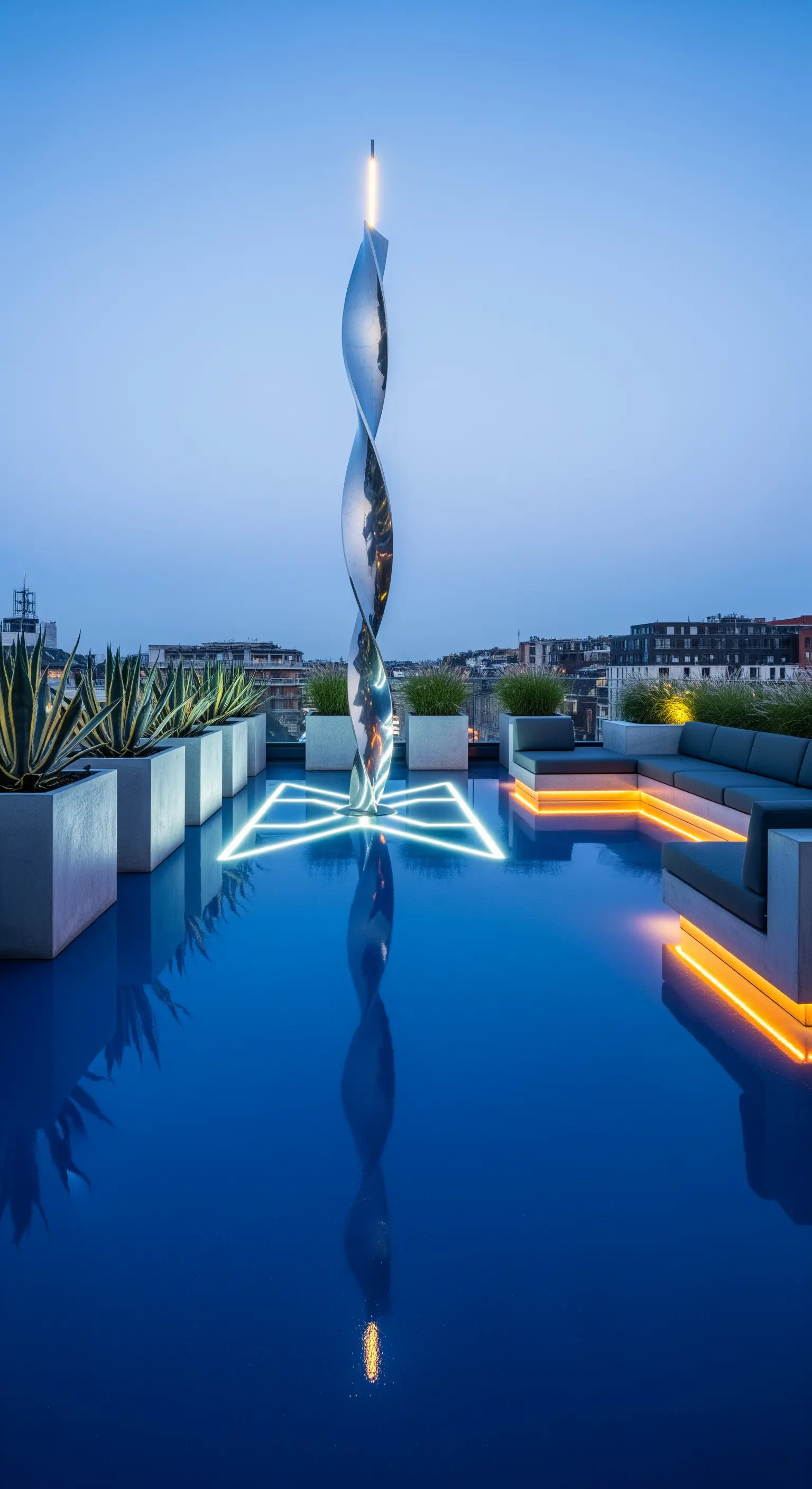 Scultura a spirale in metallo lucido su una terrazza con piscina blu e illuminazione LED arancione.