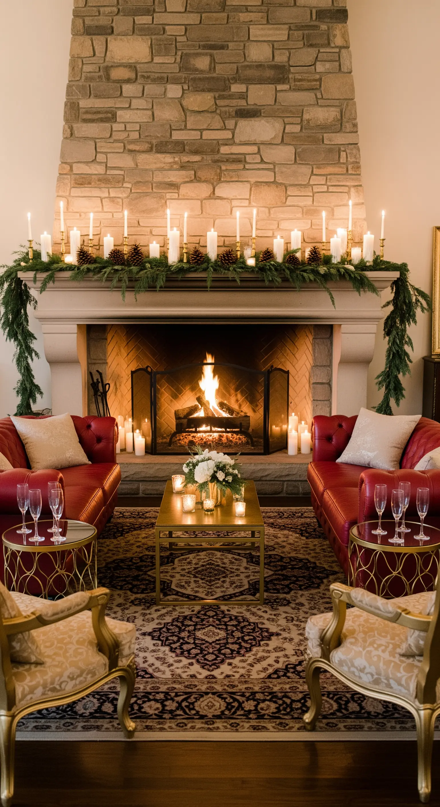 Salotto elegante con camino acceso, divani in pelle rossa e decorazioni con candele.