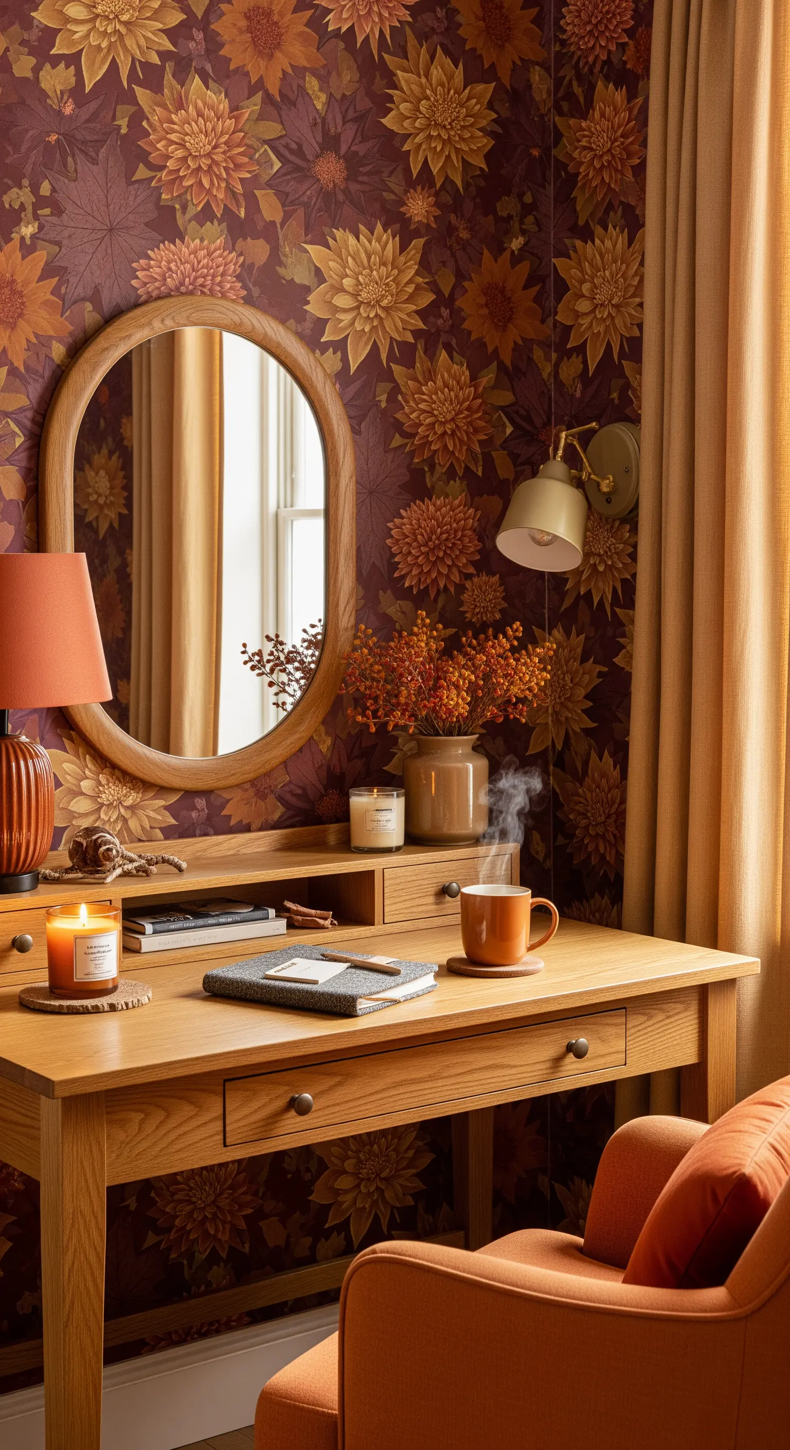 Scrivania in rovere con sedia e lampada arancioni davanti a una carta da parati floreale autunnale.