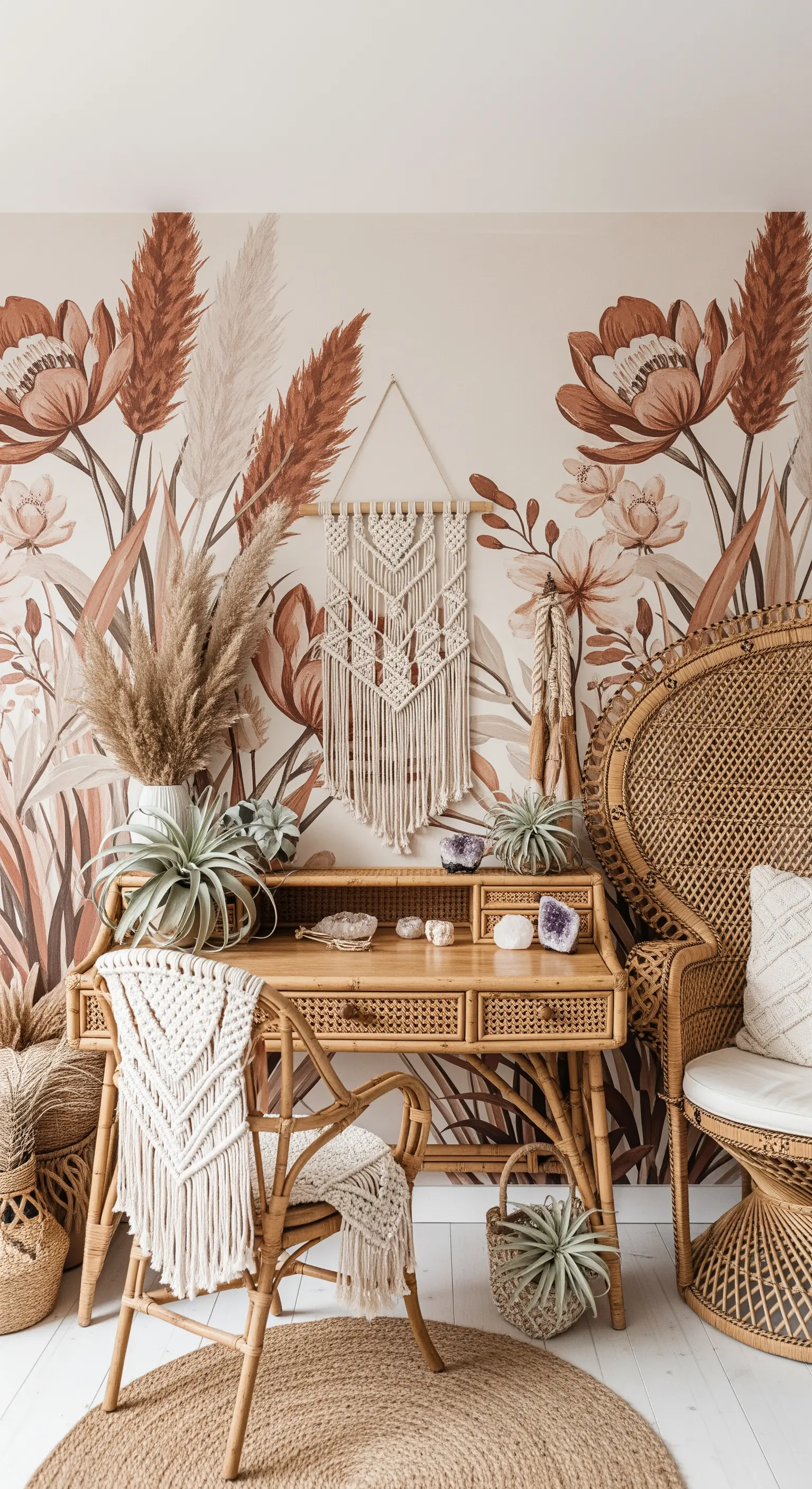 Scrivania e sedia in rattan con carta da parati floreale boho e decorazioni in macramè.