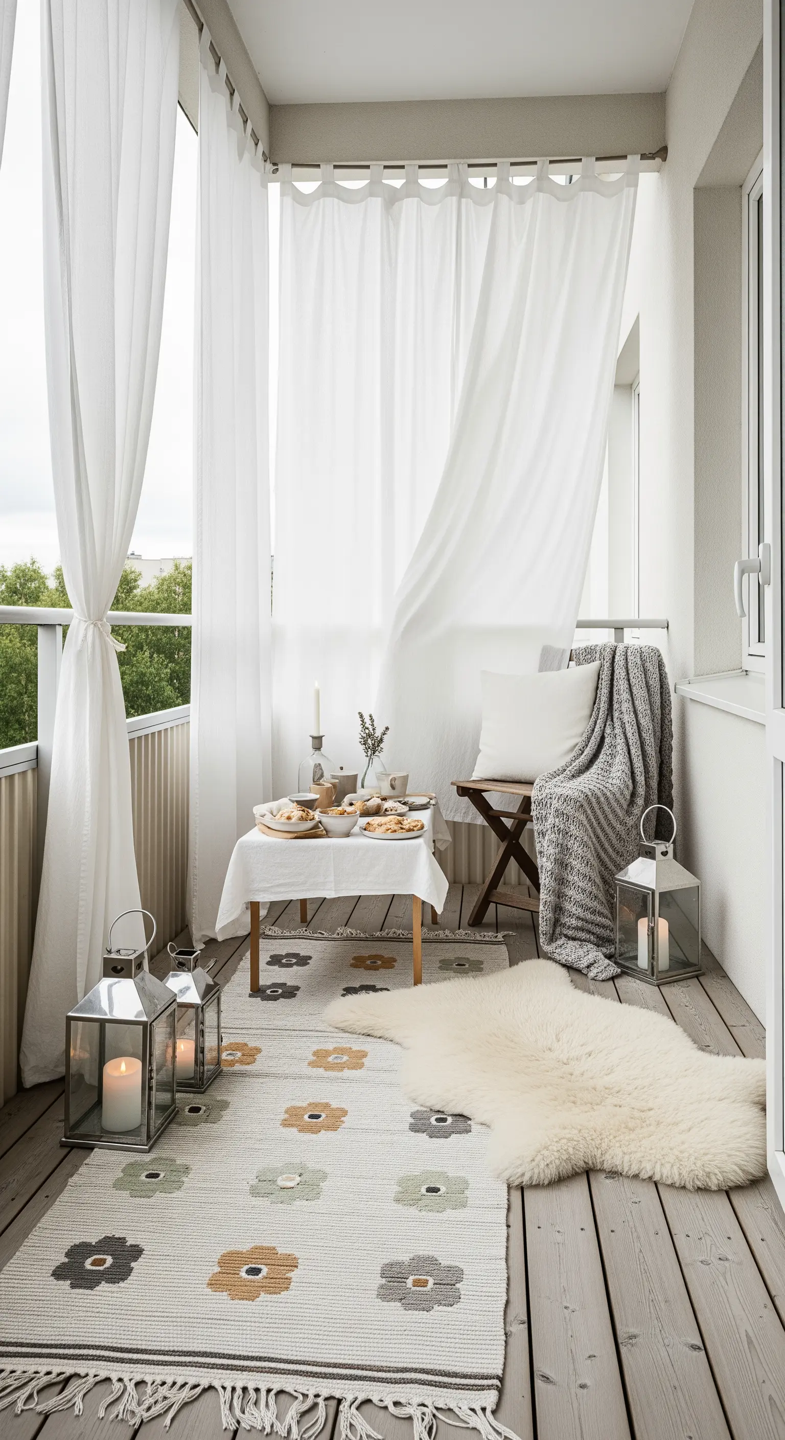 Balcone in stile scandinavo con lanterne, pelle di pecora e un tappeto in tessuto con fiori stilizzati.