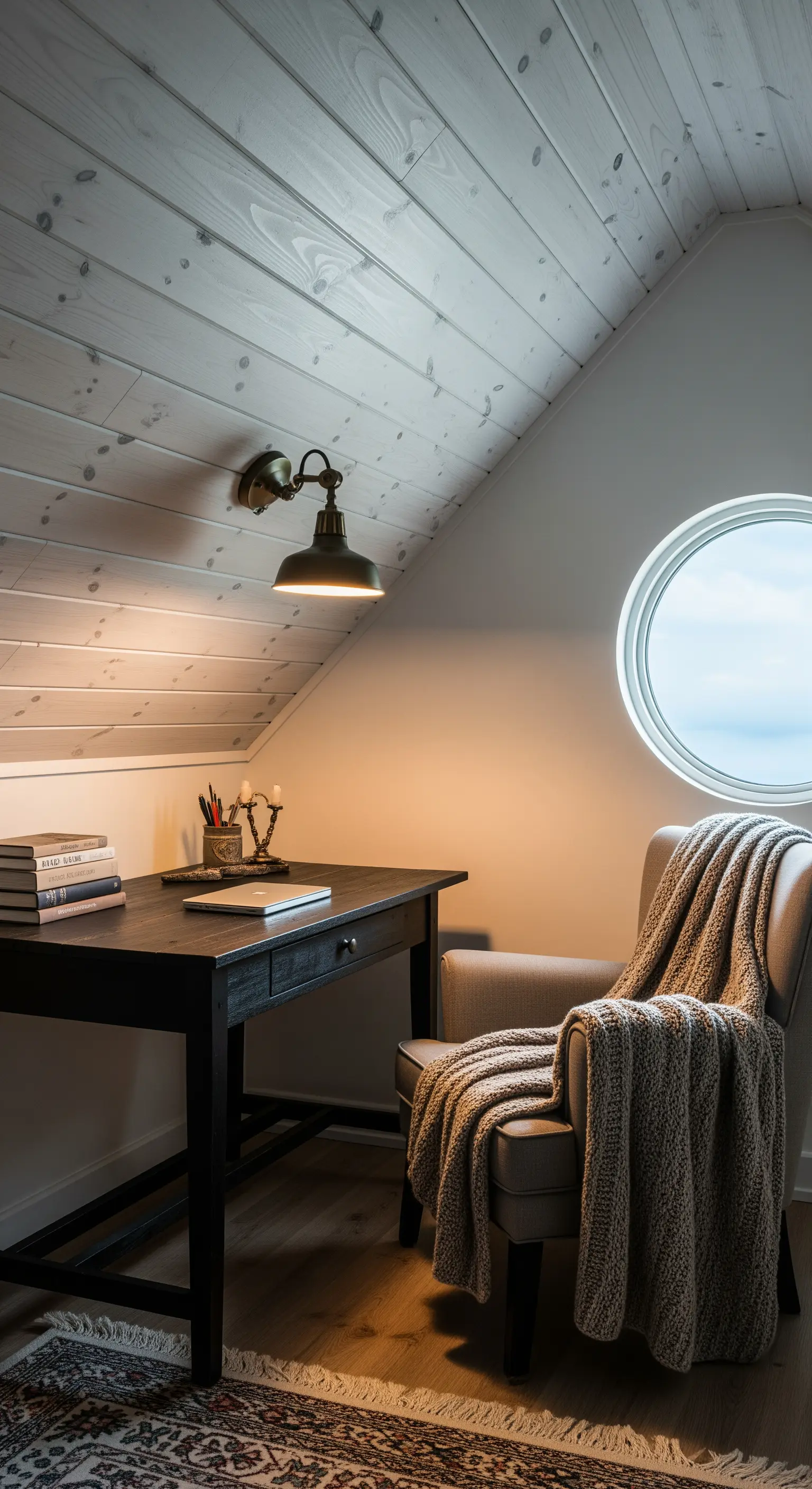 Angolo studio in una mansarda con soffitto in legno e lampada a parete.