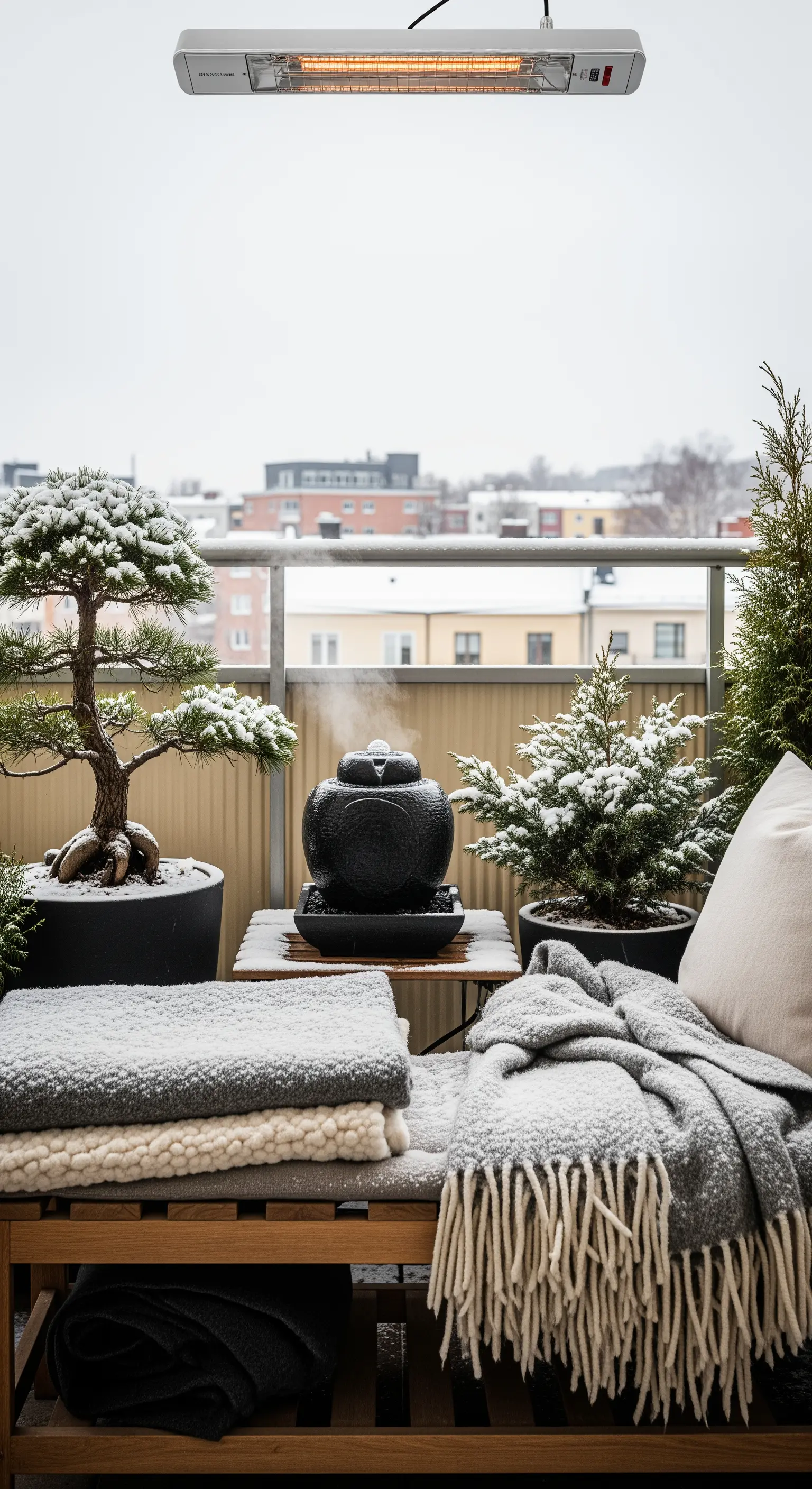 Balcone innevato con bonsai, coperte calde, una stufa elettrica e una fontana fumante.