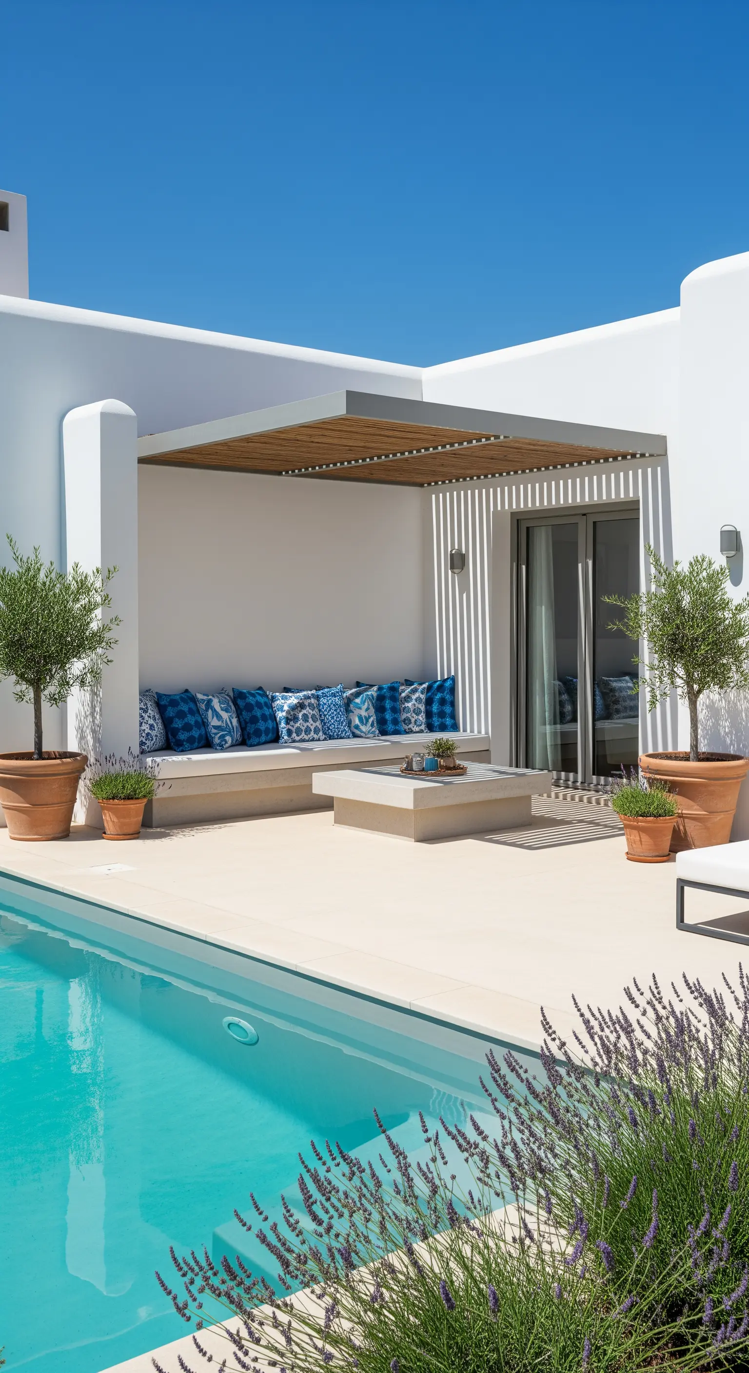 Patio in stile mediterraneo con seduta in muratura, cuscini blu e vasi di ulivo