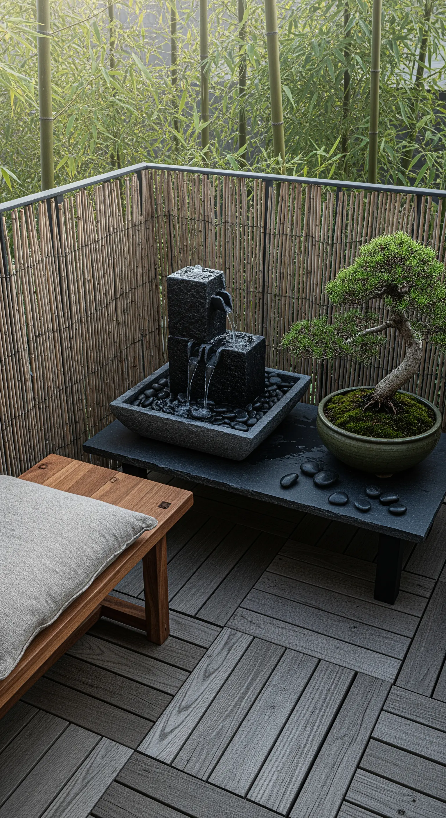 Angolo di un balcone zen con fontana in pietra scura, bonsai e panca in legno.