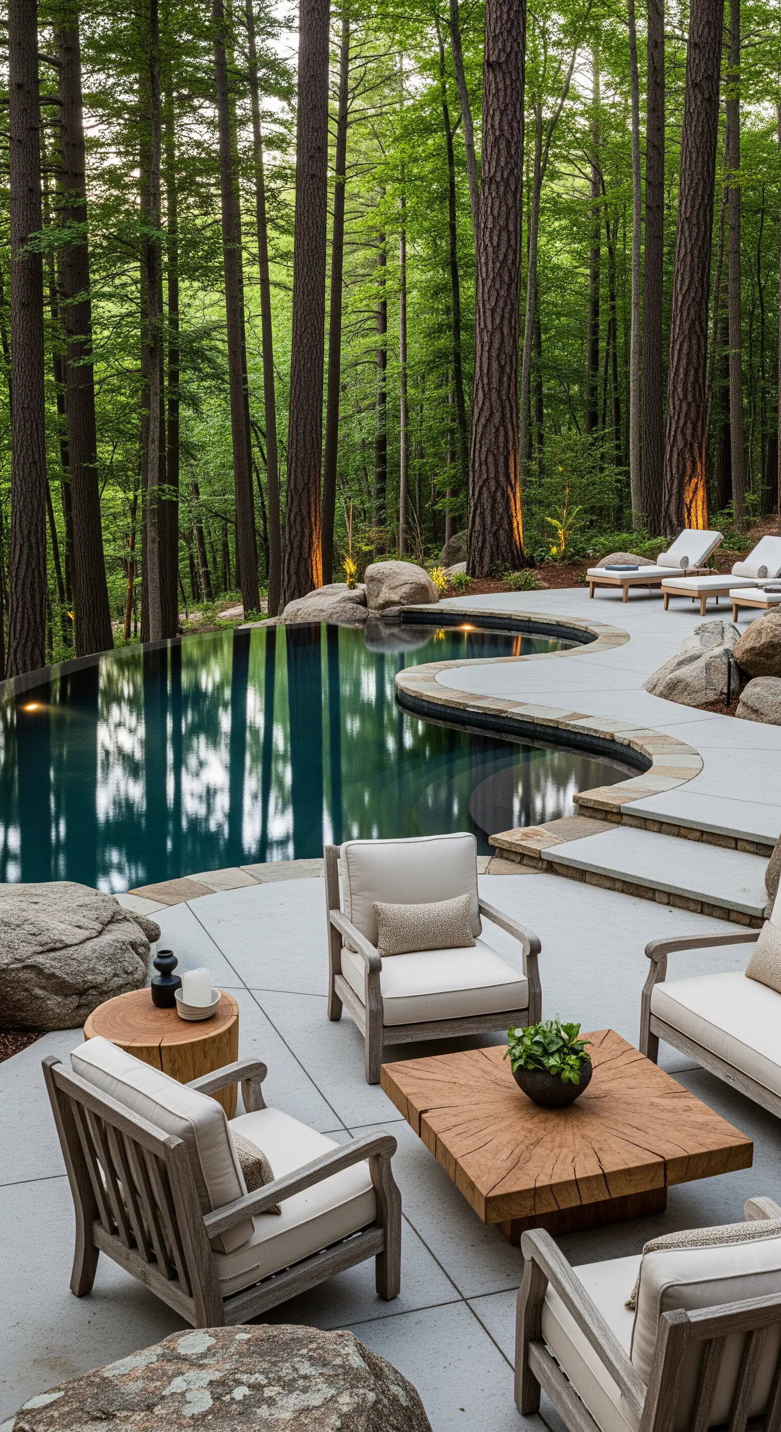 Piscina dalla forma organica in un bosco, con arredi in legno chiaro e pietra naturale.