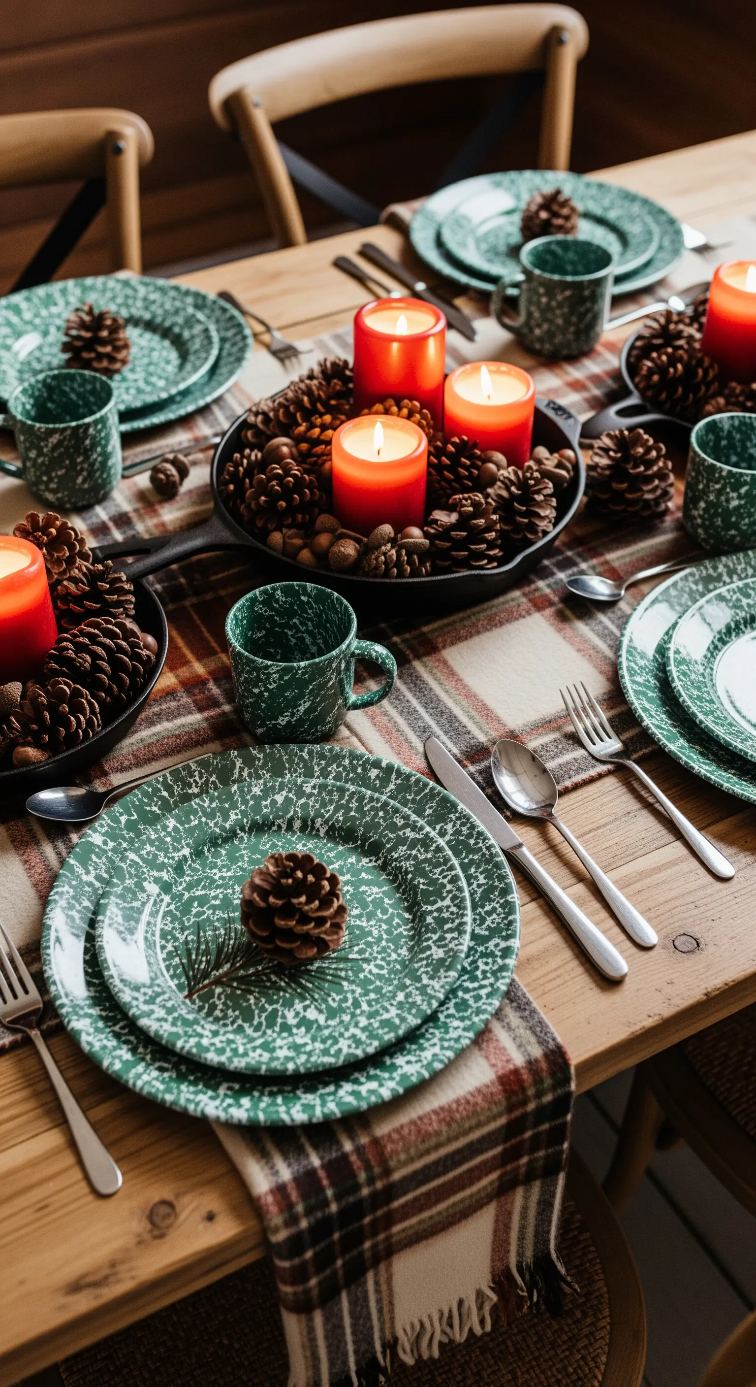 Tavola rustica con runner in plaid, centrotavola di pigne e candele rosse