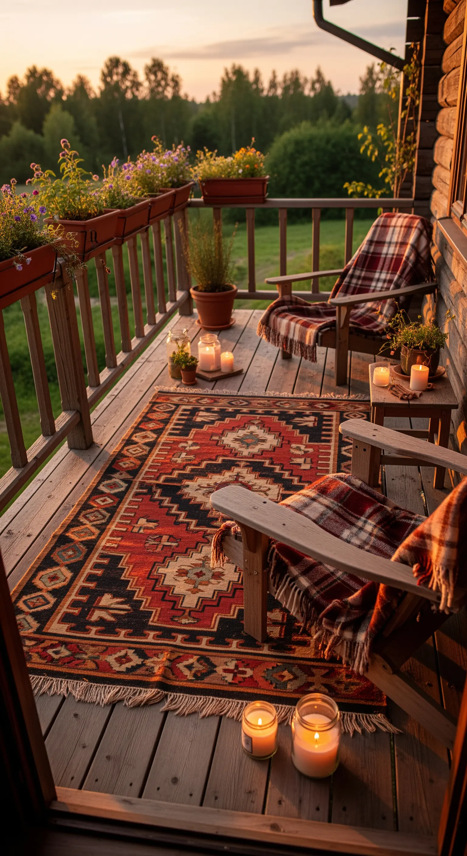 Veranda in legno con sedie rustiche, tappeto kilim e plaid scozzesi al tramonto.