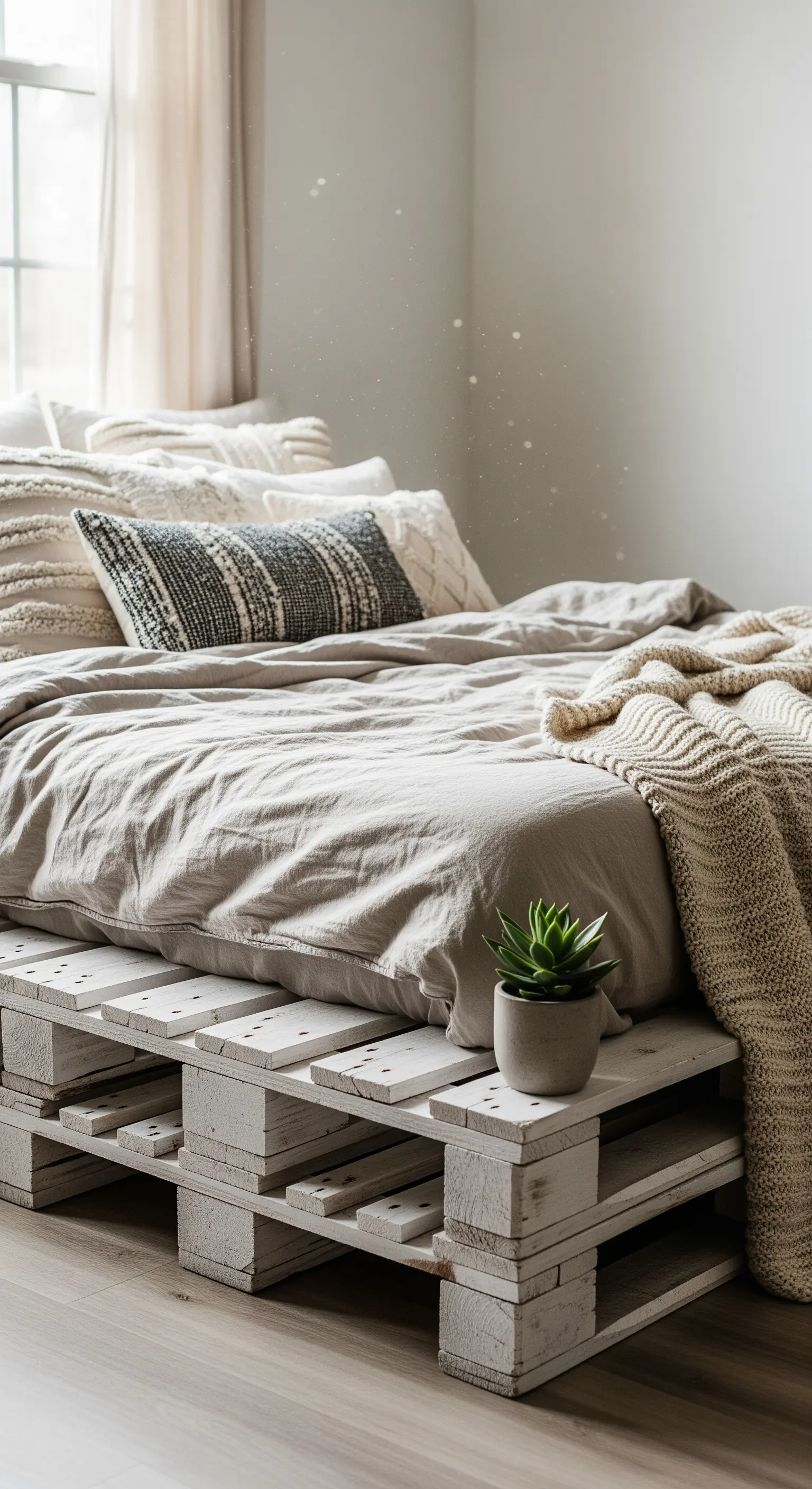 Letto basso fai-da-te realizzato con pallet bianchi e tessuti naturali.