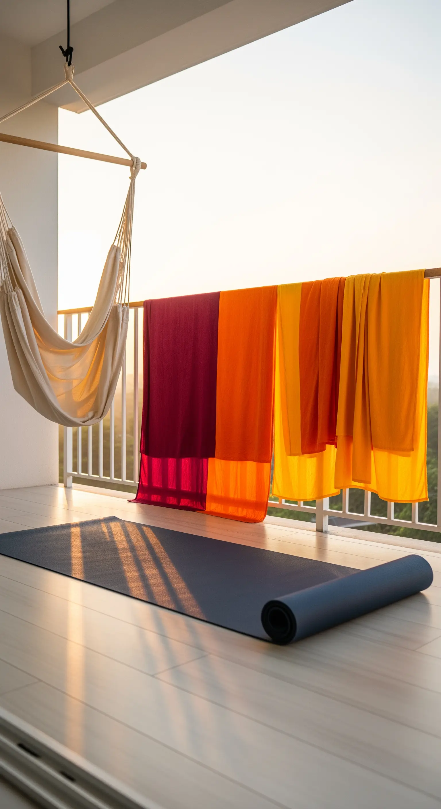 Balcone minimalista con sedia amaca, tappetino da yoga e teli colorati al sole.