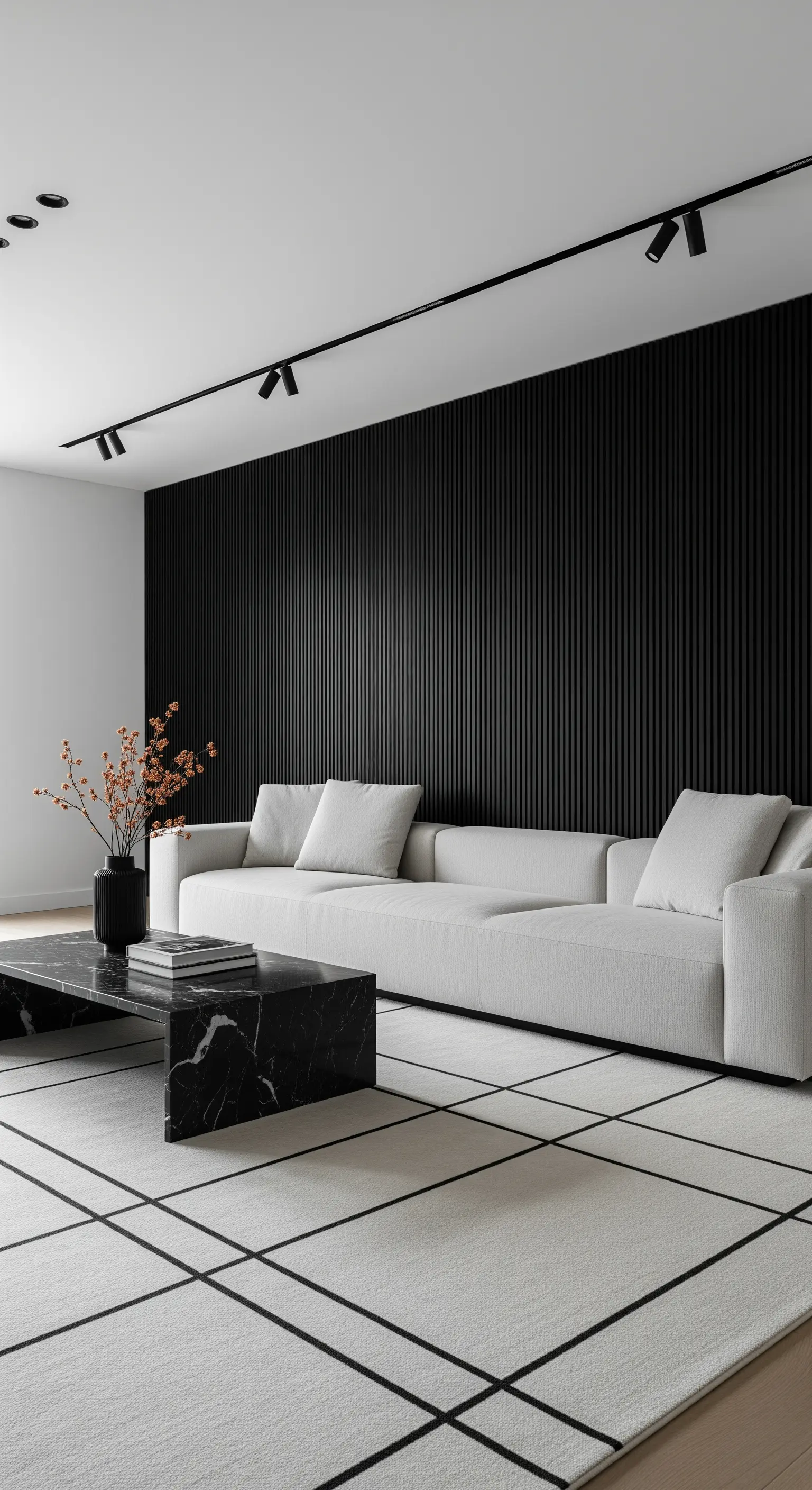 Parete di listelli in legno nero dietro un divano bianco in un salotto minimal.