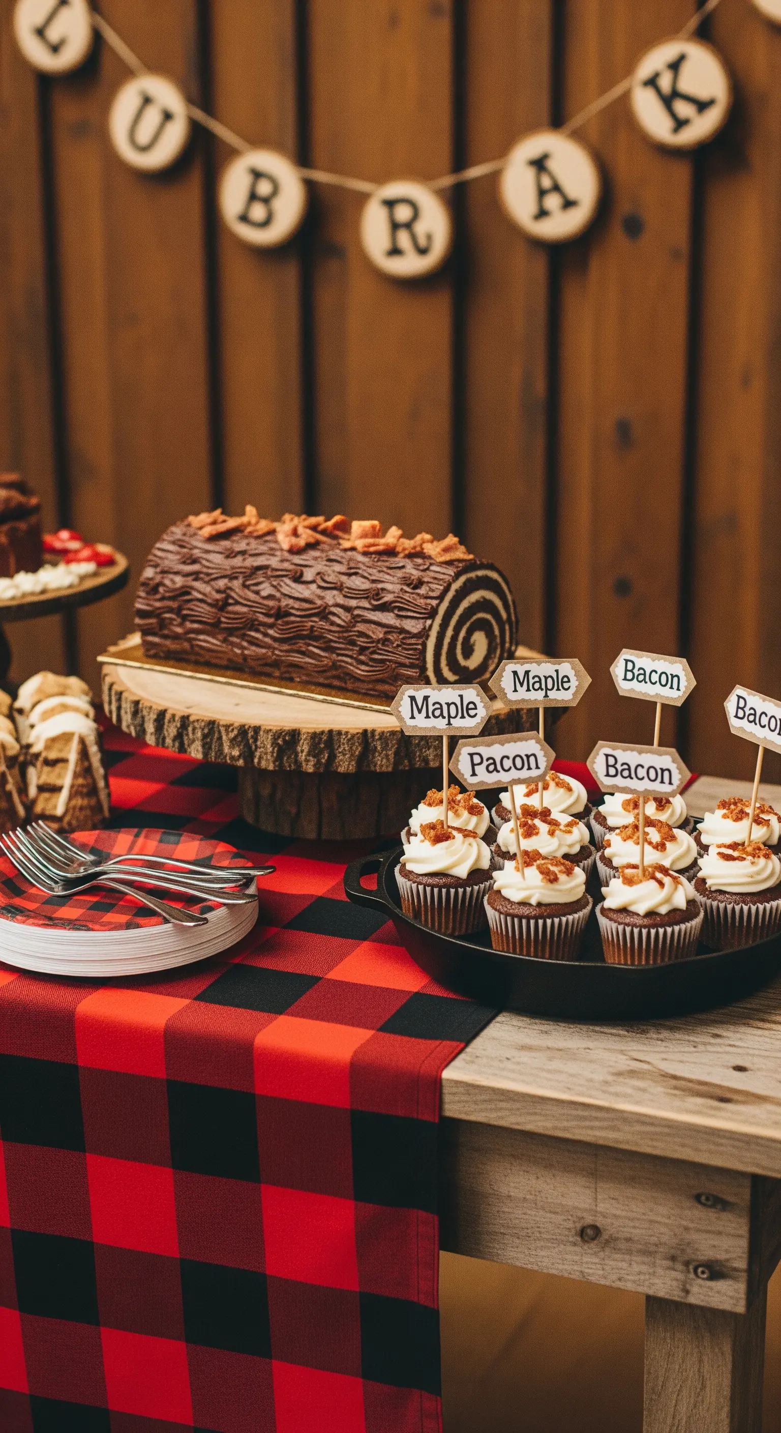 Buffet a tema boscaiolo con tovaglia a quadri, tronchetto al cioccolato e cupcake al bacon.