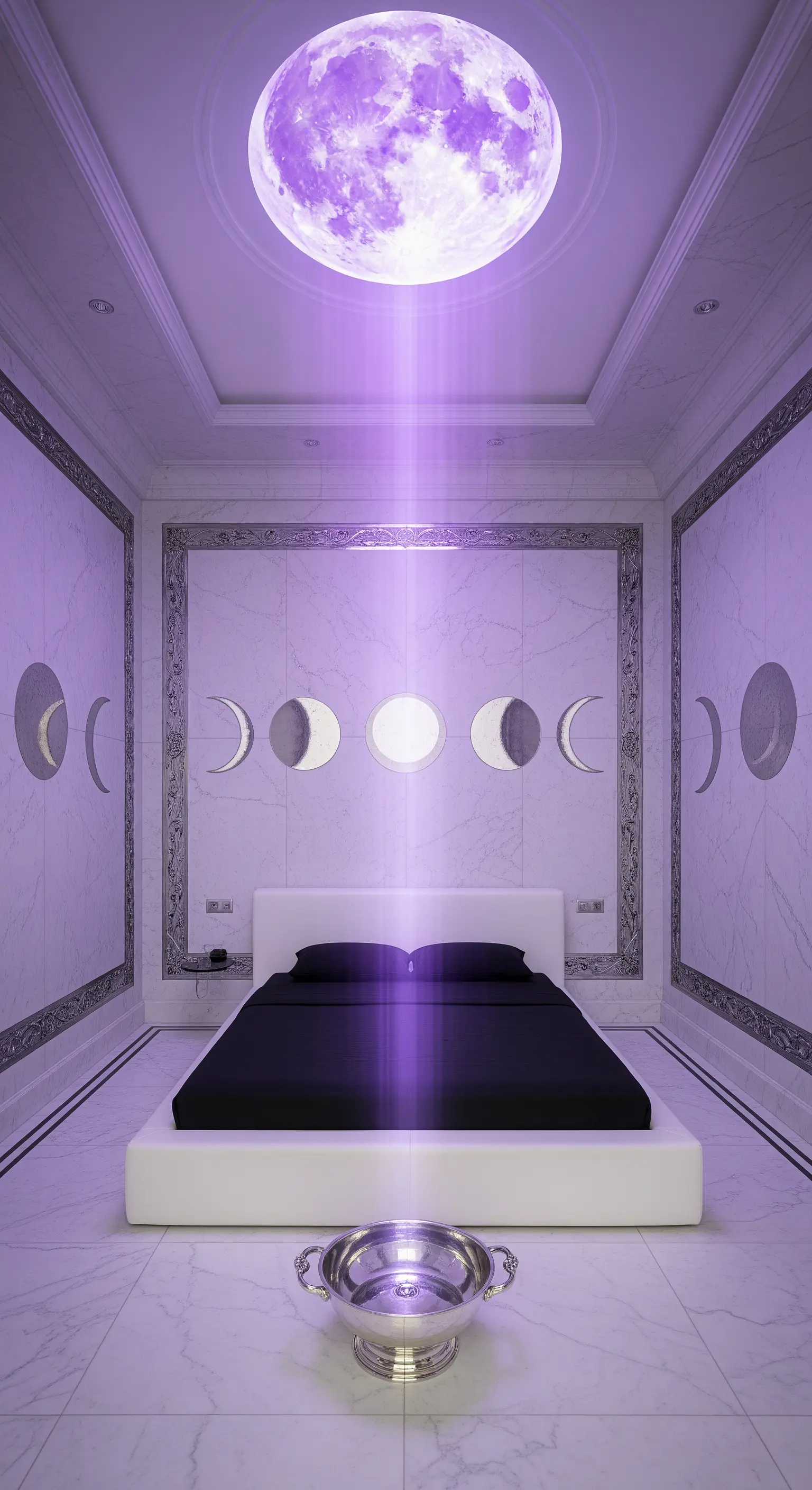 Stanza in marmo bianco con un letto minimalista e un fascio di luce viola che scende dalla luna.