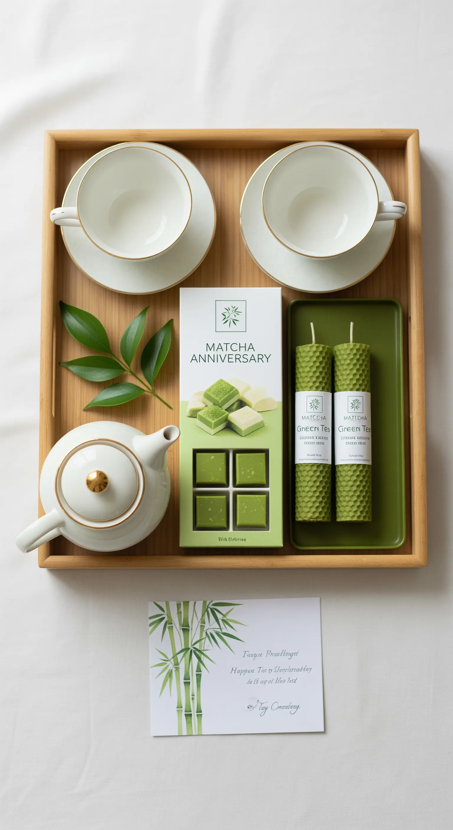 Set da tè matcha per anniversario con cioccolatini, candele verdi e teiera bianca.