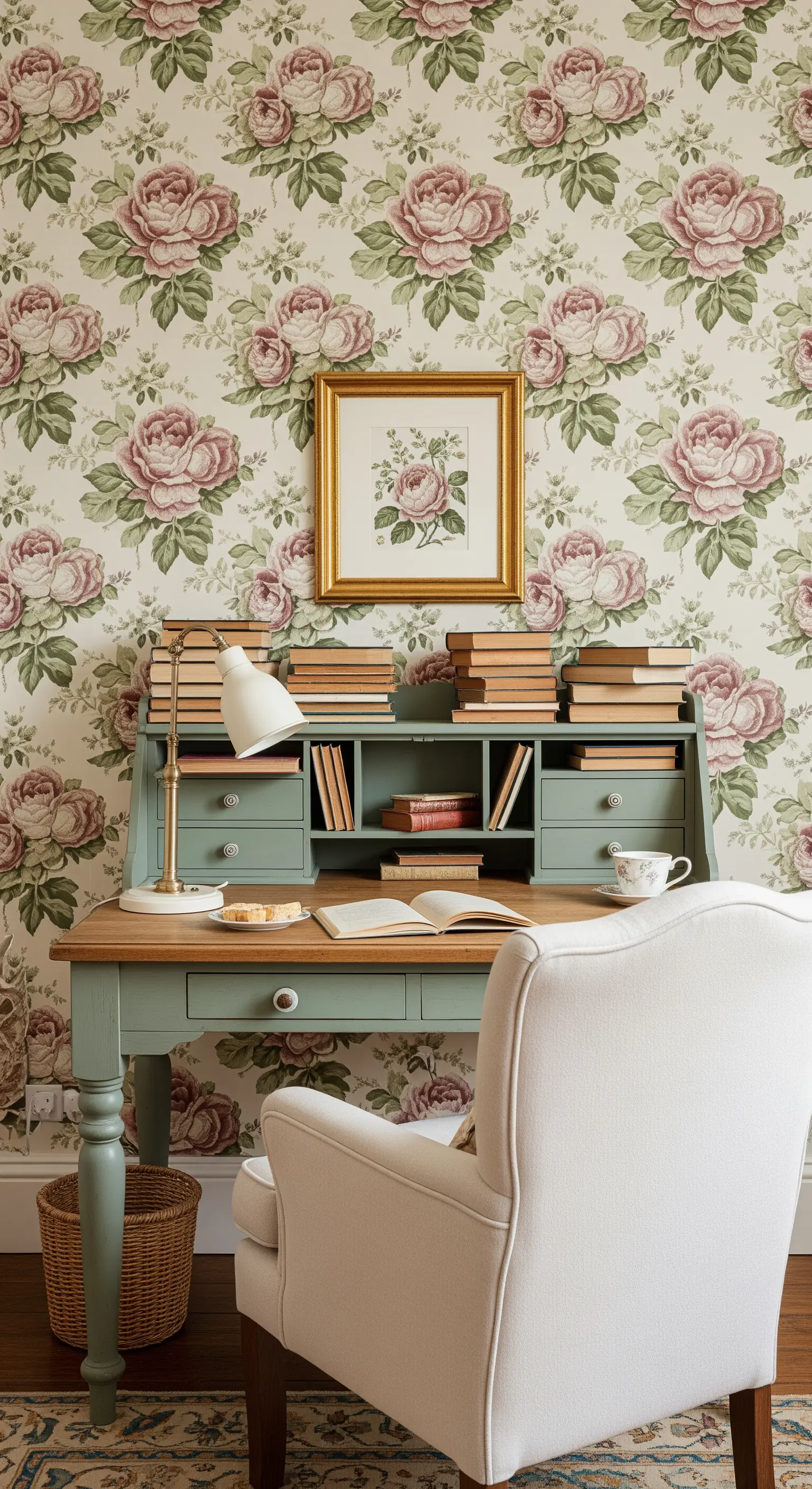 Scrivania verde salvia con sedia in lino bianco davanti a una carta da parati con rose vintage.