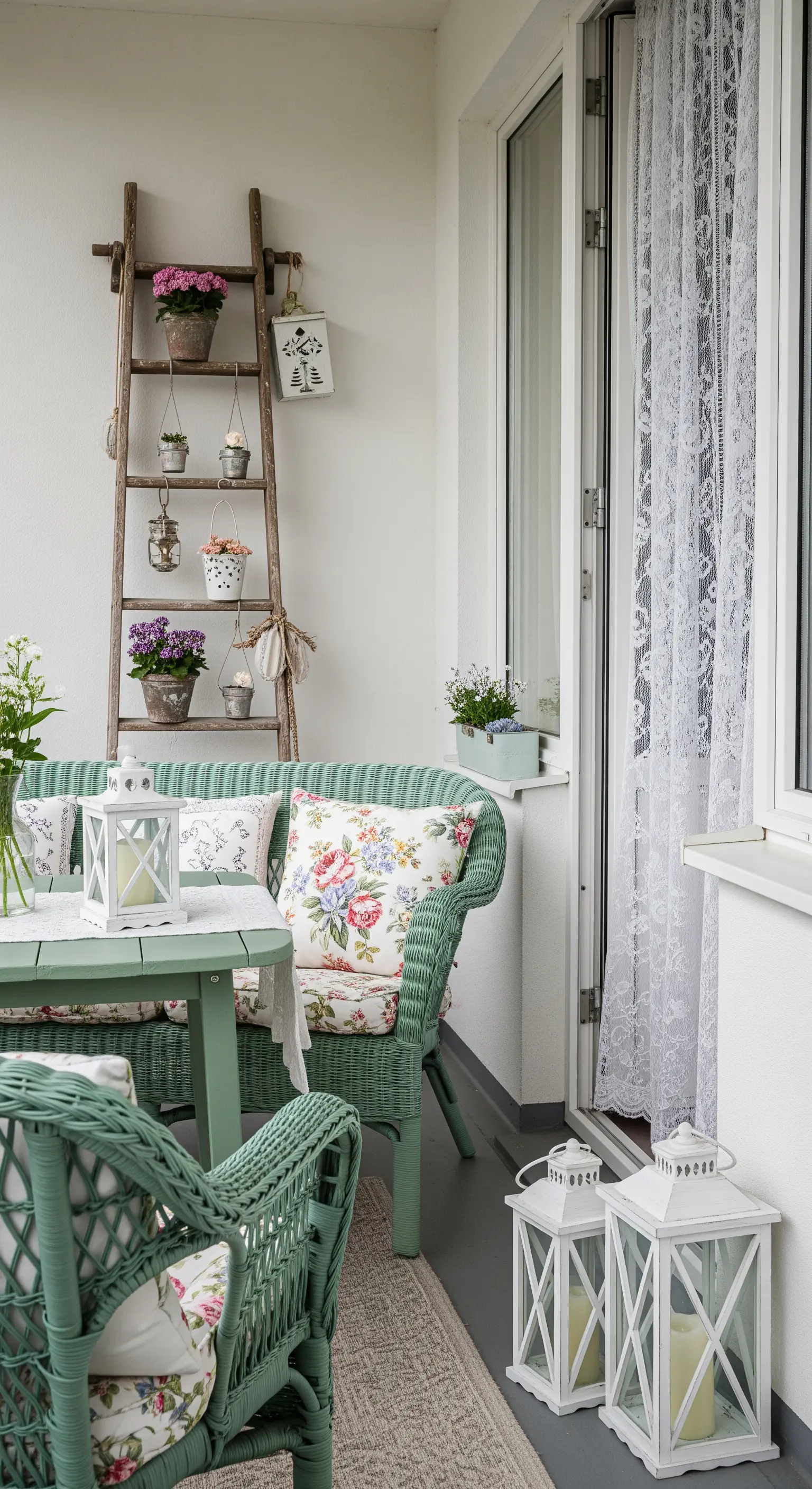 Balcone shabby chic con divanetto in vimini verde, cuscini a fiori e una scala decorativa.