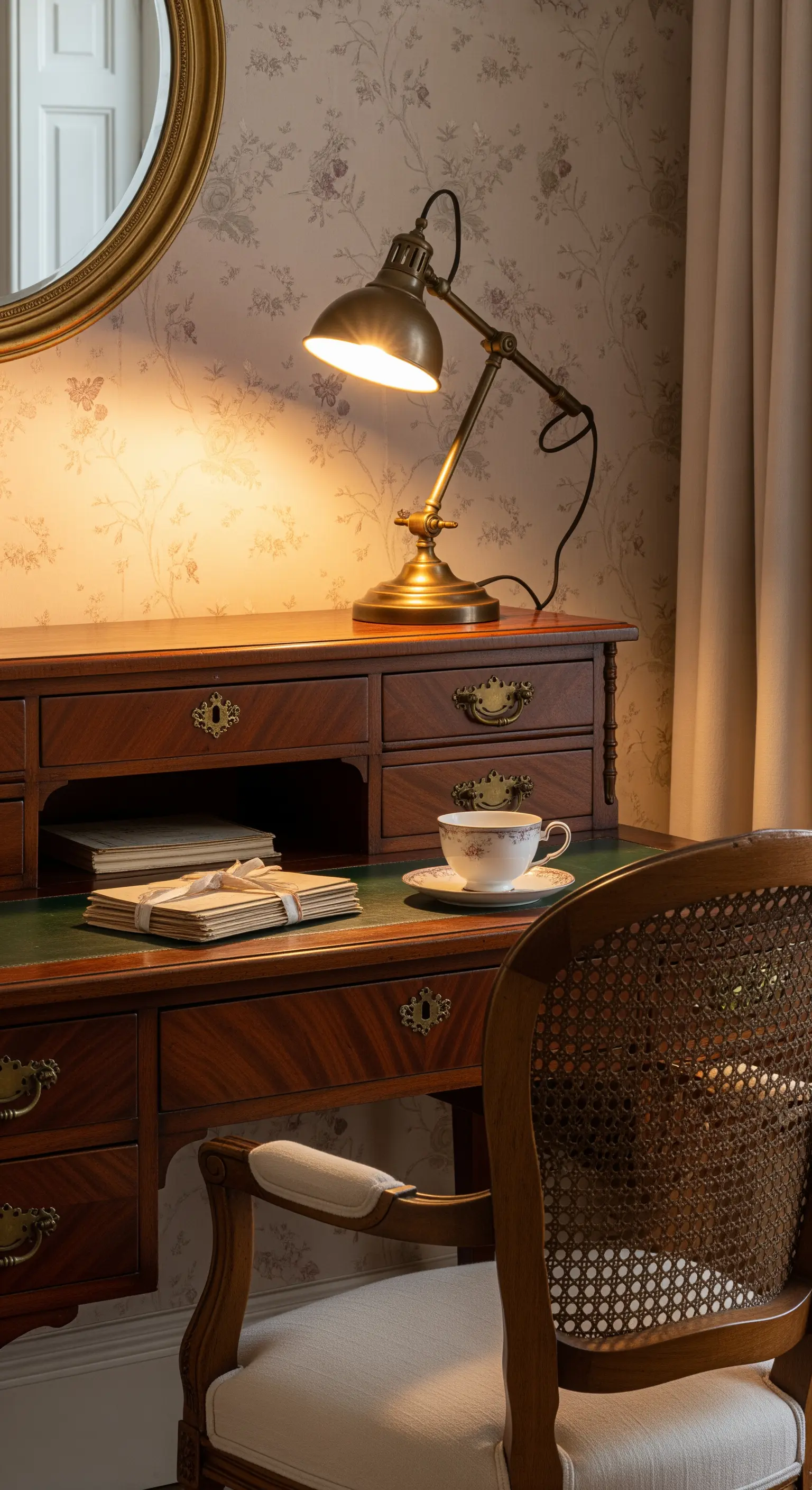 Scrivania classica in legno con carta da parati floreale e lampada in ottone.