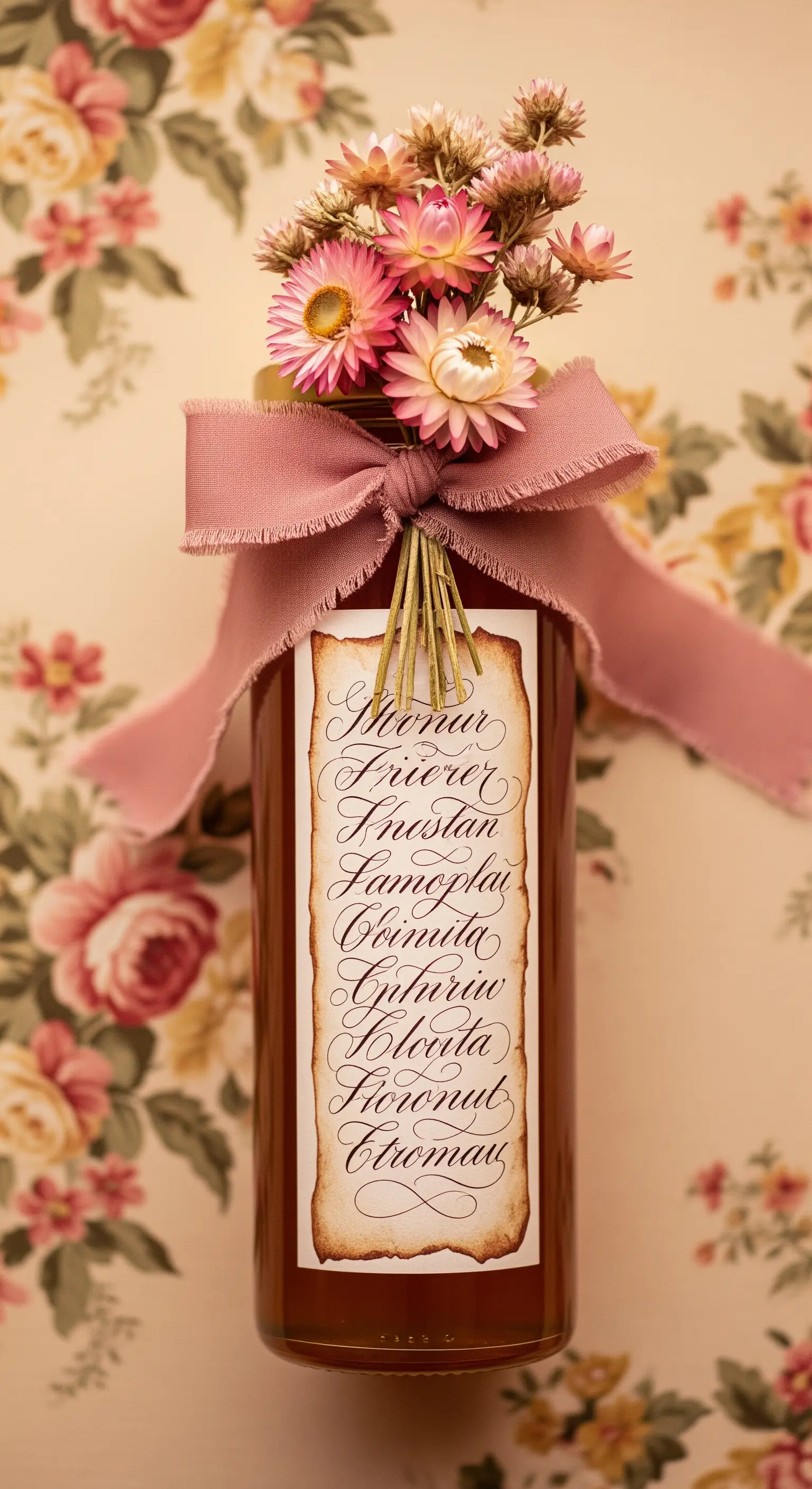 Vasetto di miele con etichetta pergamena, nastro rosa antico e fiori secchi.