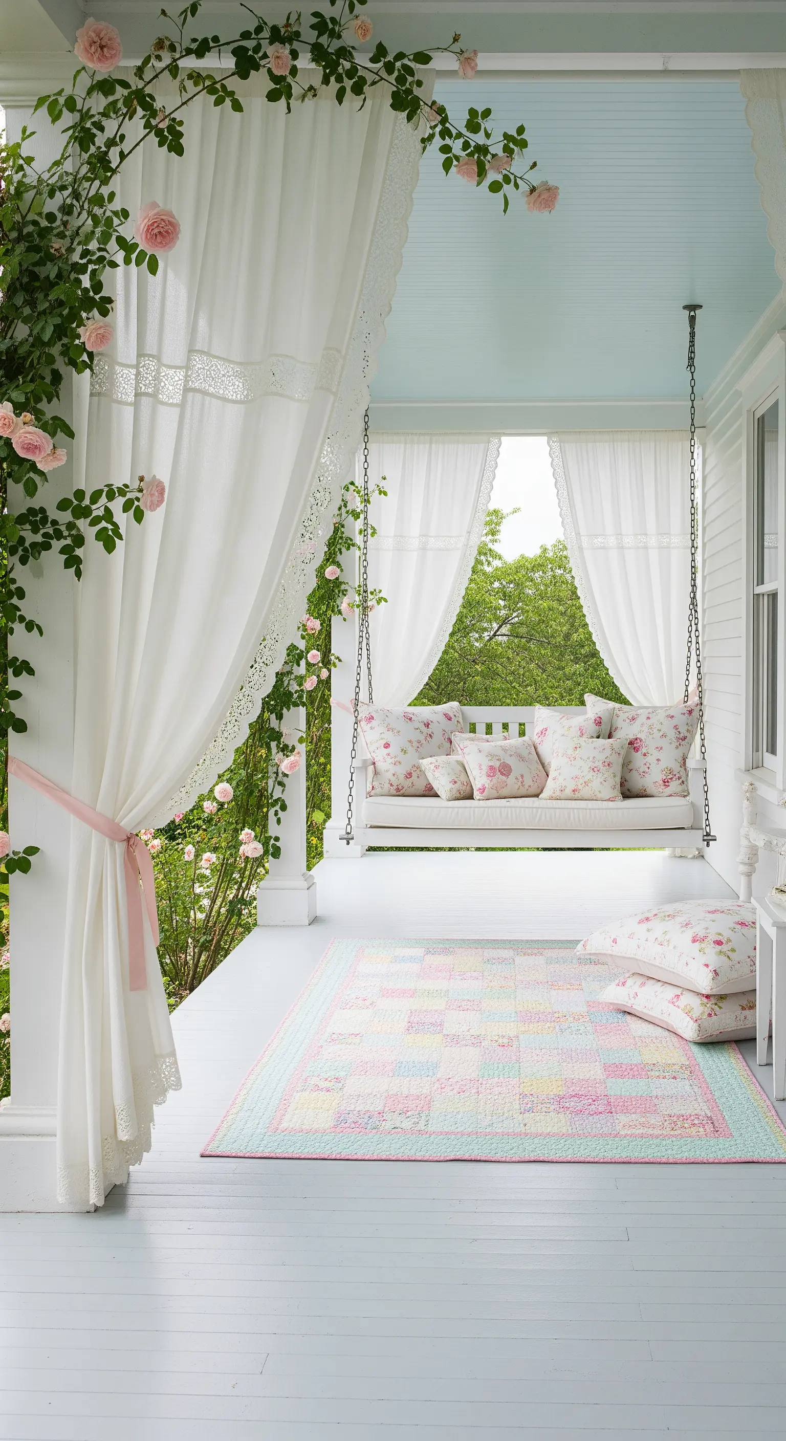 Portico bianco e romantico con dondolo, tende in pizzo e rose rampicanti.