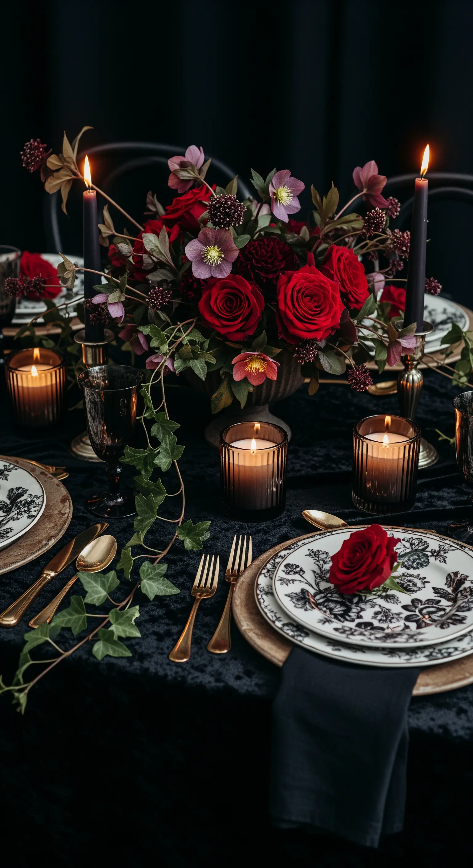 Tavola in velluto nero con un ricco centrotavola di rose rosse scure e candele nere.
