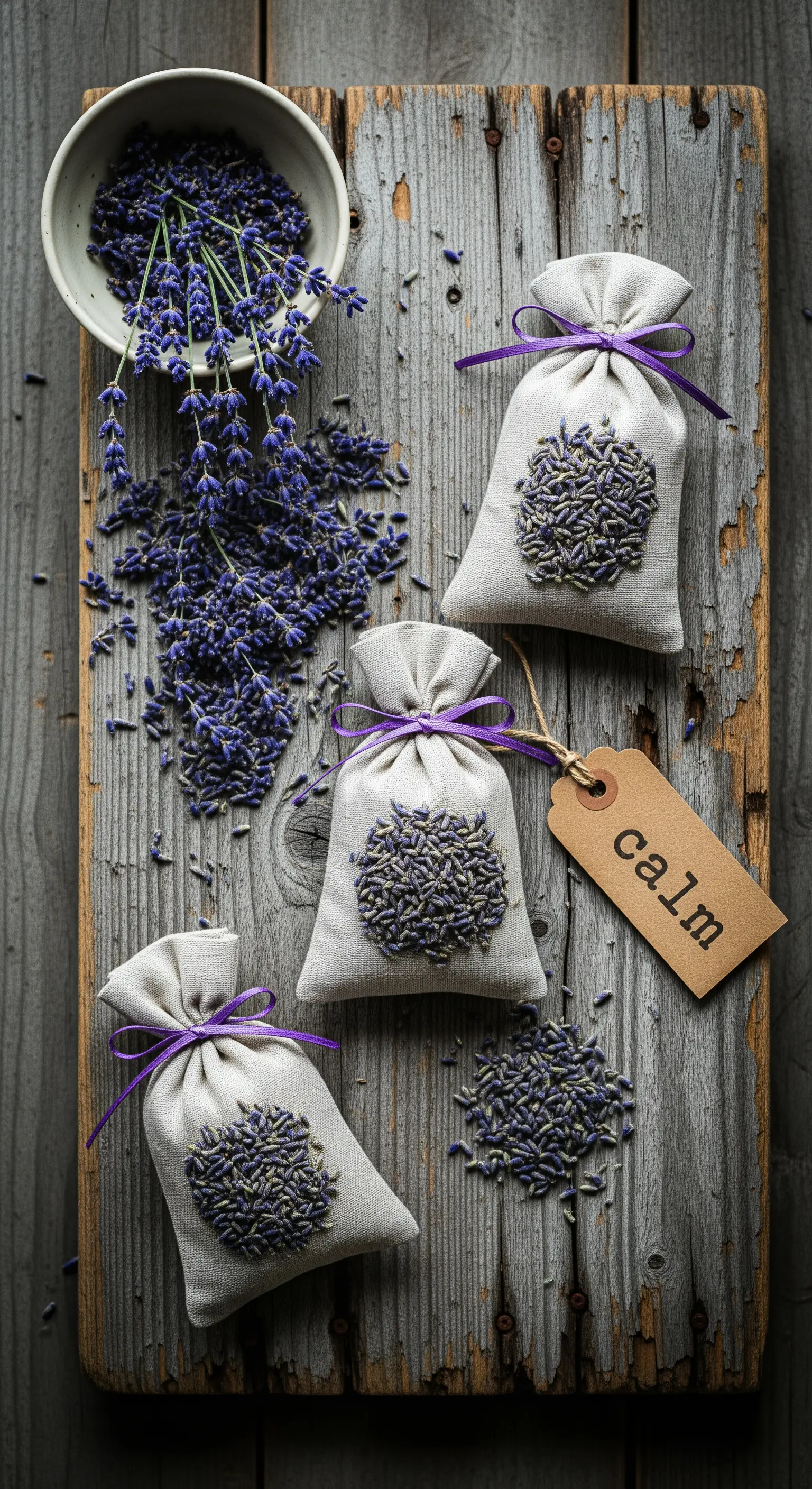 Sacchetti di lino pieni di lavanda, decorati con un nastro viola e un'etichetta con la scritta 'calm'.