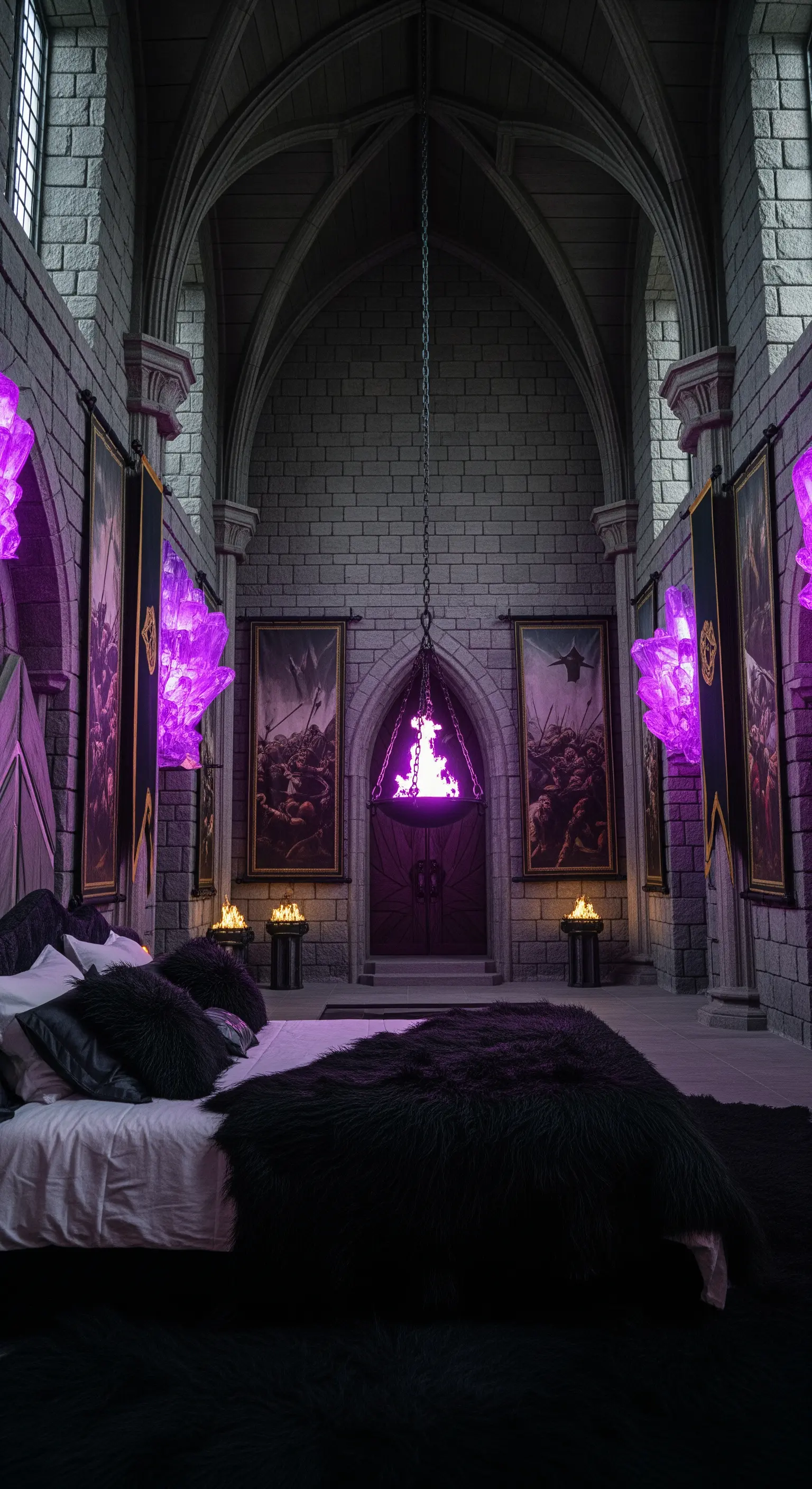 Stanza in un castello fantasy con letto in pelliccia nera e grandi cristalli viola luminosi.