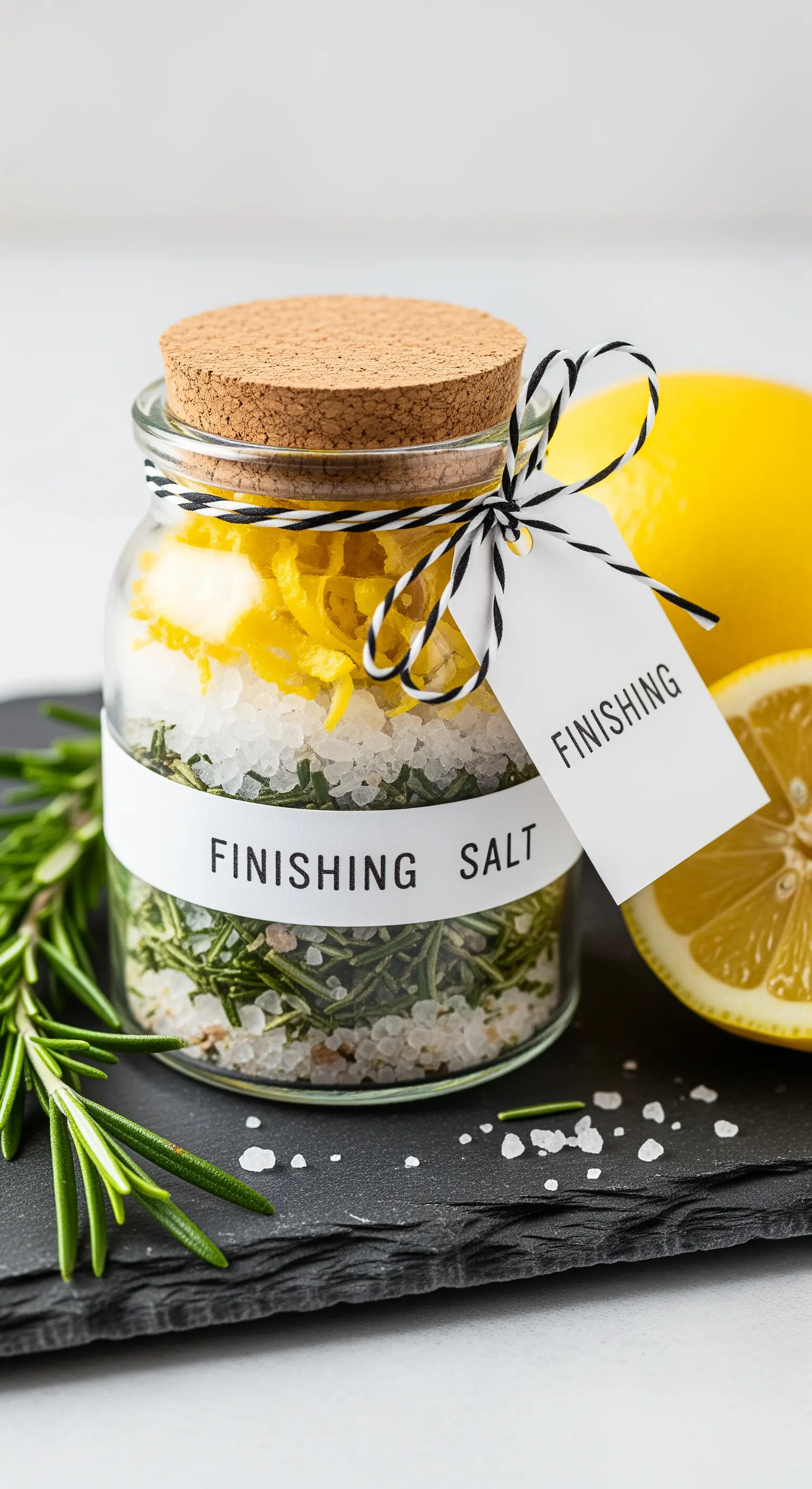 Sale aromatizzato al rosmarino e limone in un barattolo con tappo di sughero.