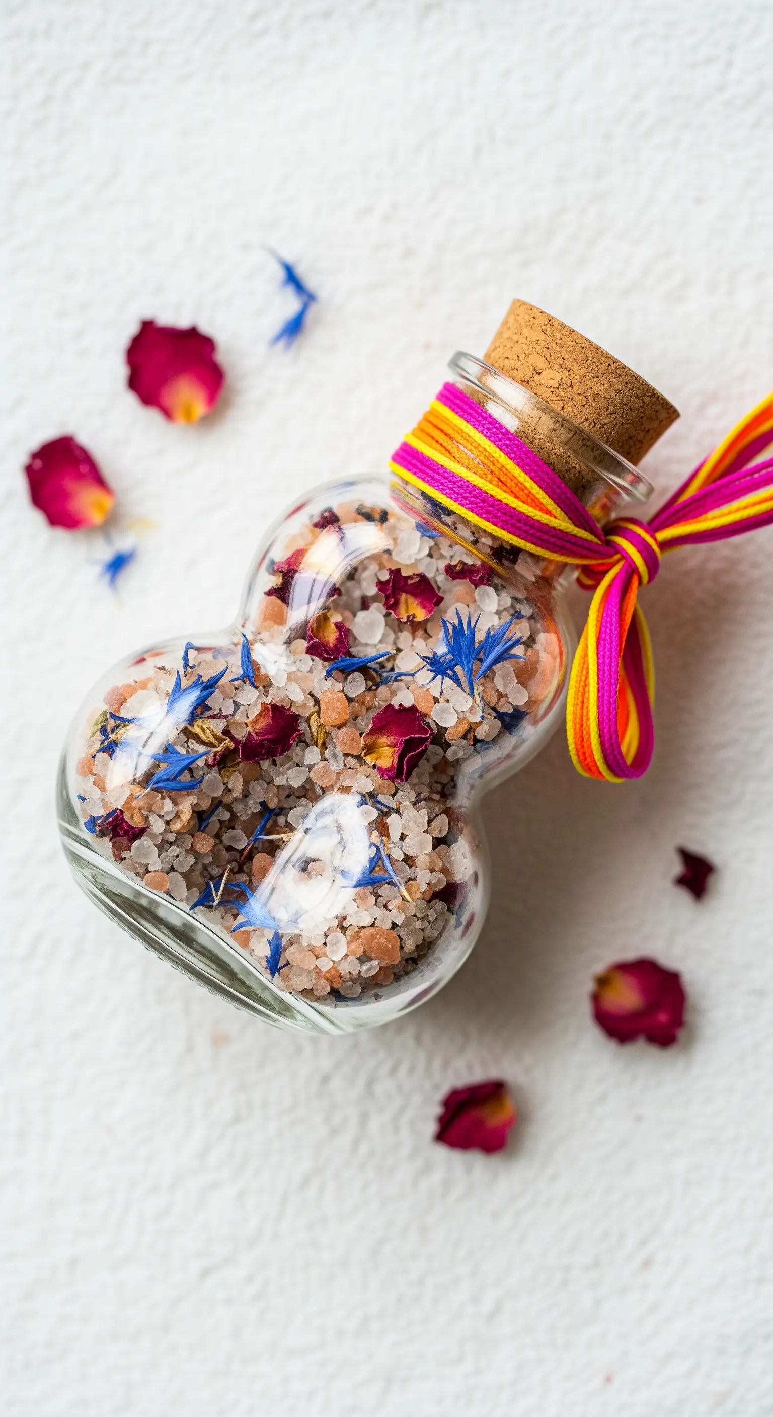 Sali da bagno rosa e bianchi miscelati con petali di fiori blu e rossi in un barattolo di vetro.