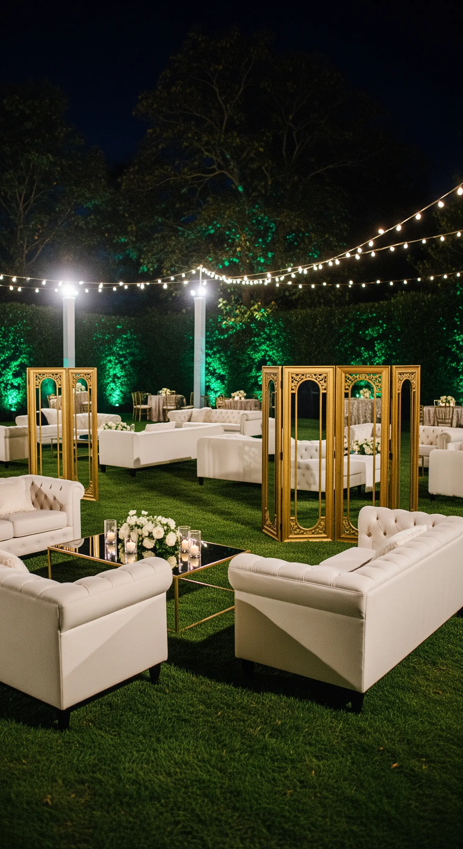 Allestimento per una festa in giardino con divani Chesterfield bianchi e paraventi dorati.